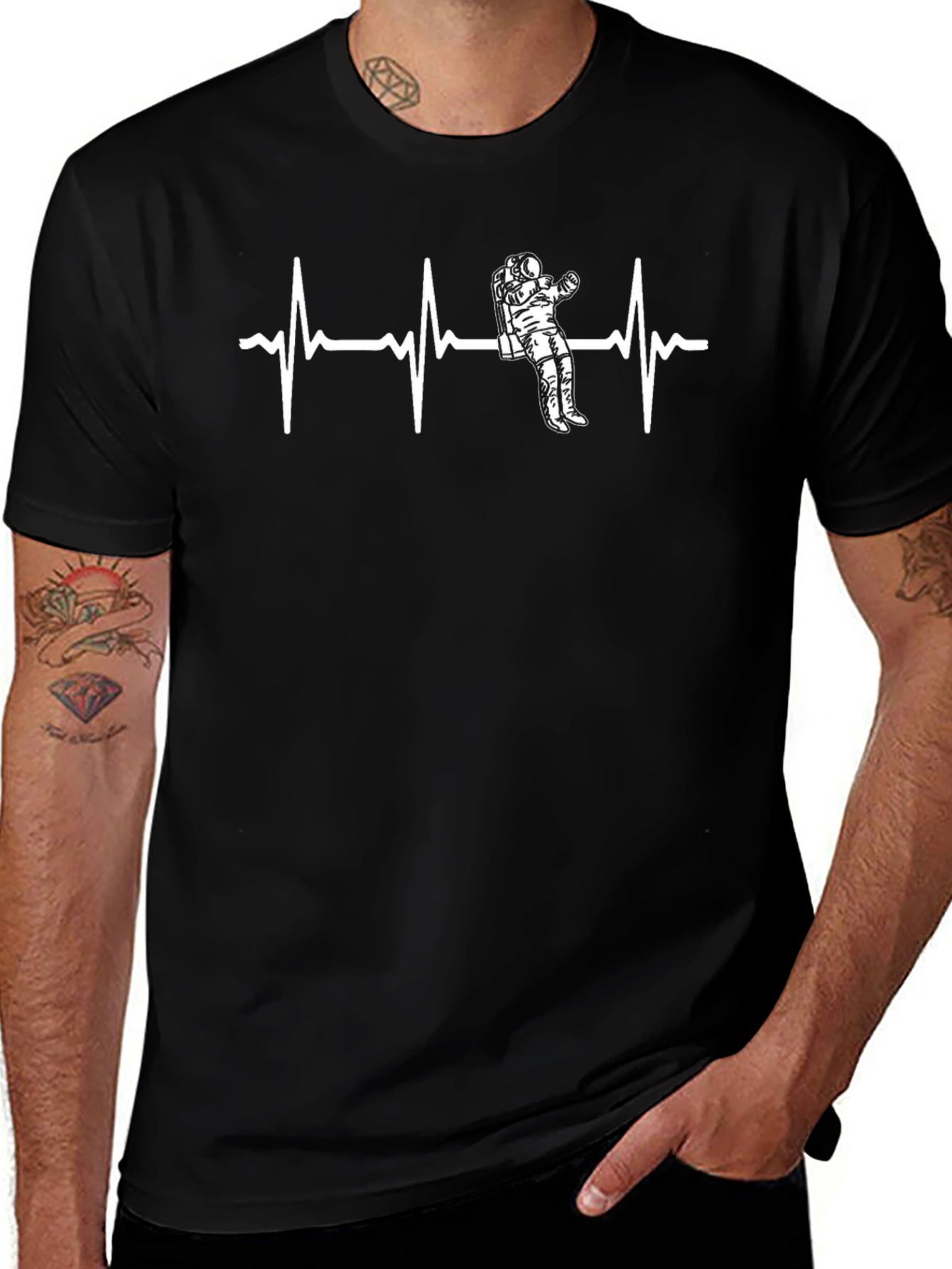 Astronaut Heartbeat Graphic Tee - Black Casual T-Shirt