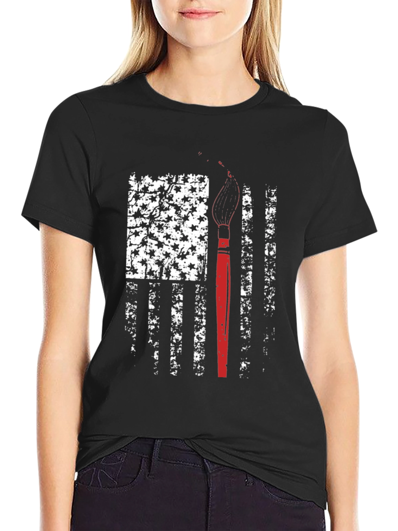 Patriotic Artist T-Shirt - American Flag Paintbrush Design