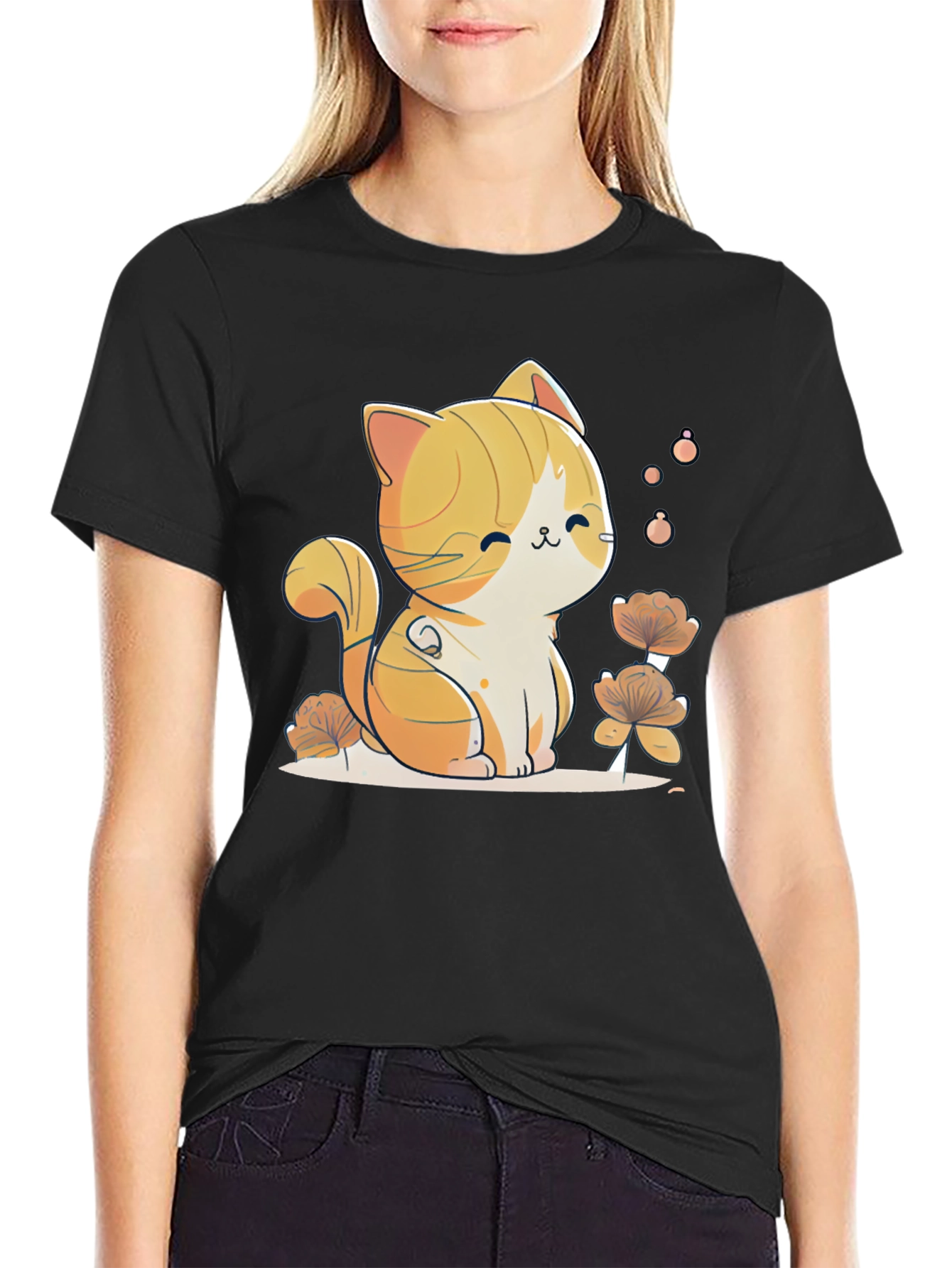 Cute Cat Graphic Tee - Black Cotton Comfort