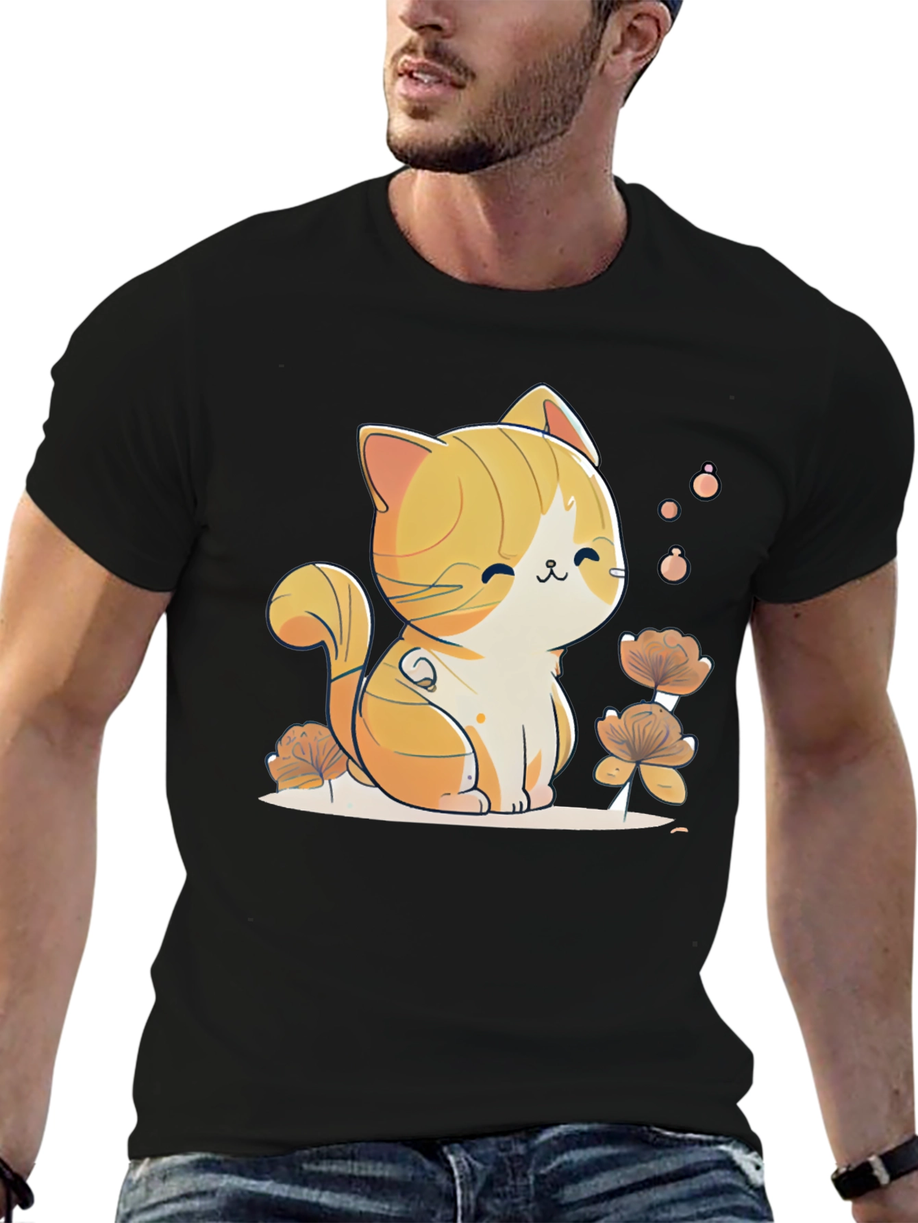 Cute Cat Graphic Tee - Black Cotton Comfort