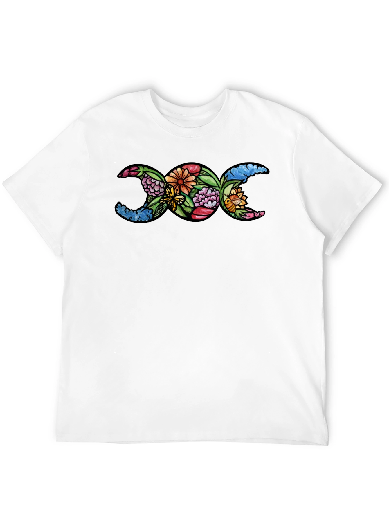 Floral Triple Moon Goddess T-Shirt - Black