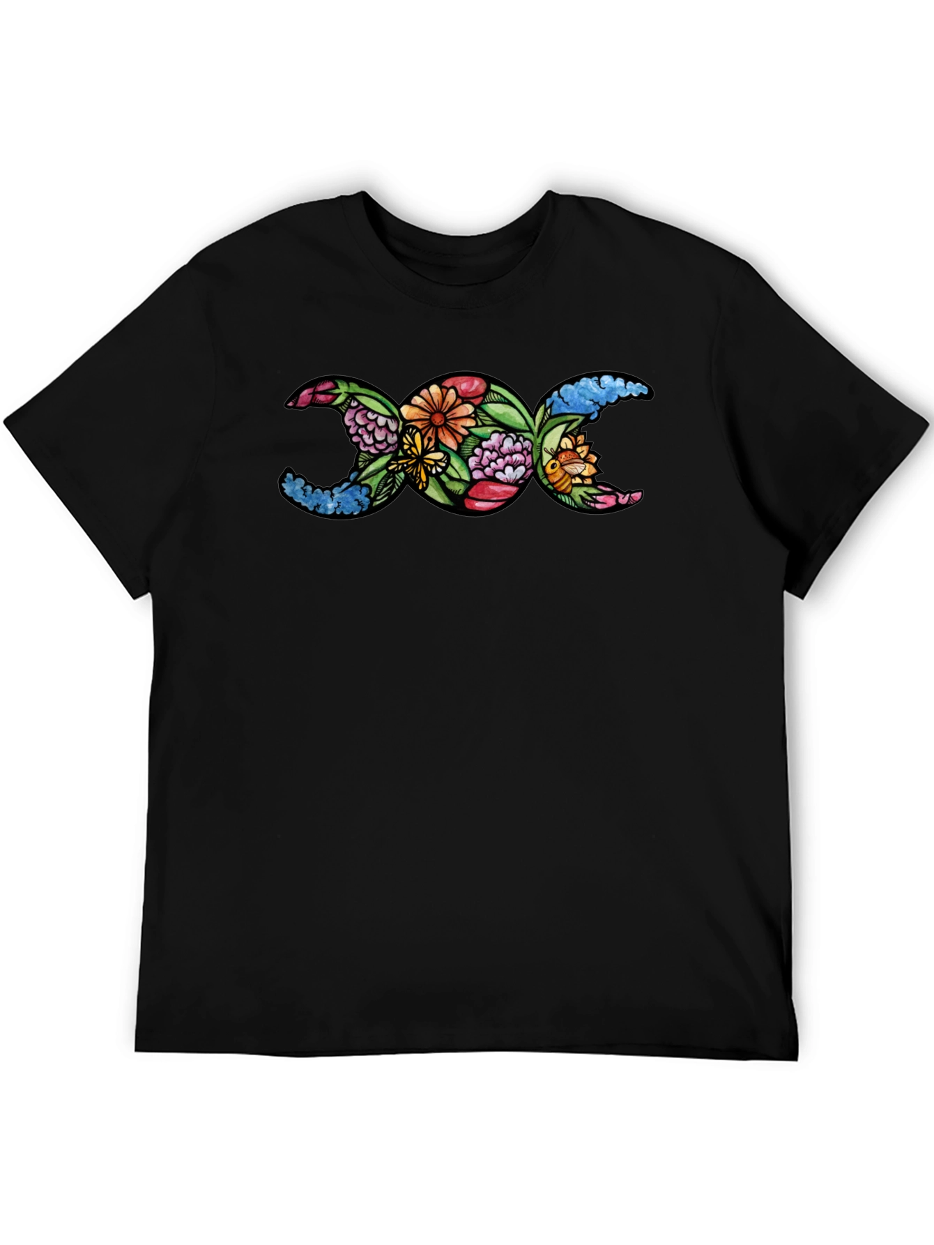 Floral Triple Moon Goddess T-Shirt - Black