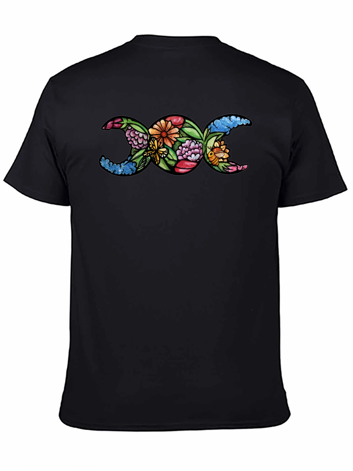 Floral Triple Moon Goddess T-Shirt - Black