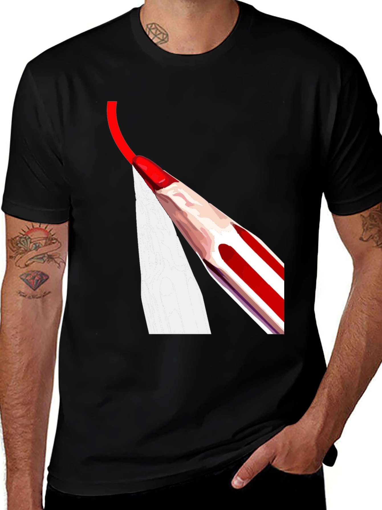Red Pencil Drawing Mens Black T-Shirt