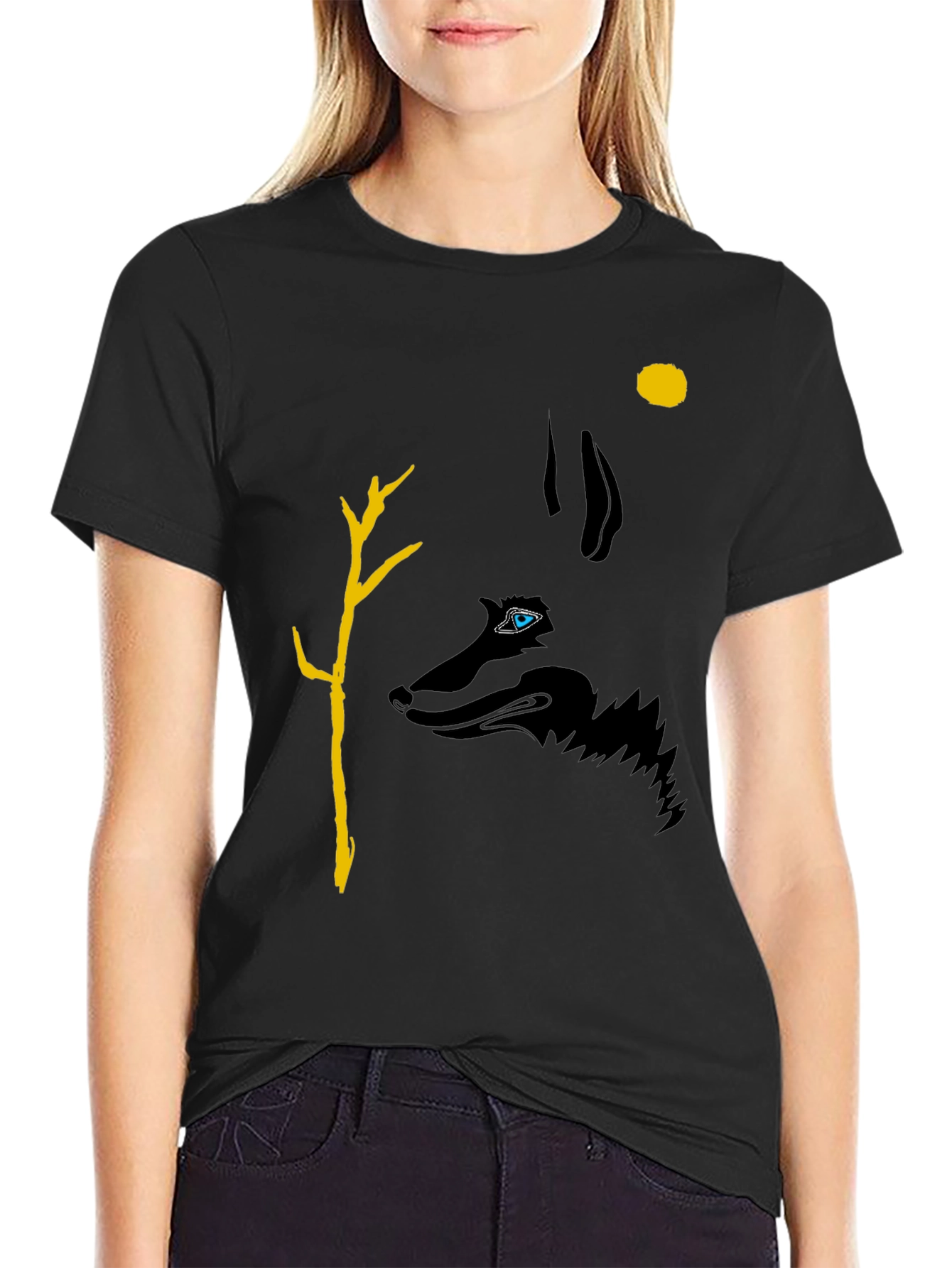 Wolf Silhouette Graphic Print Tee - Black