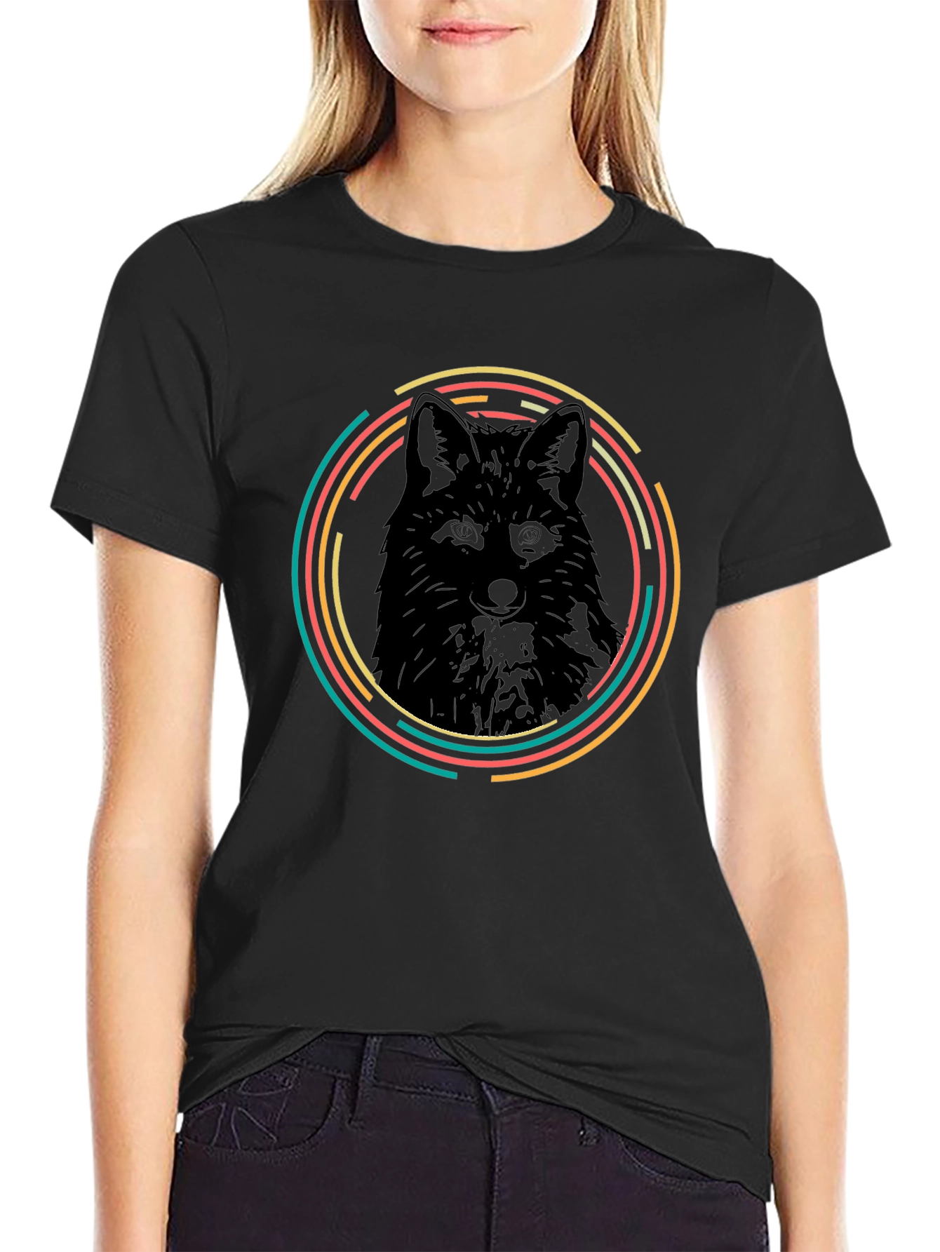 Black Fox Graphic Tee - Retro Animal Circle Design