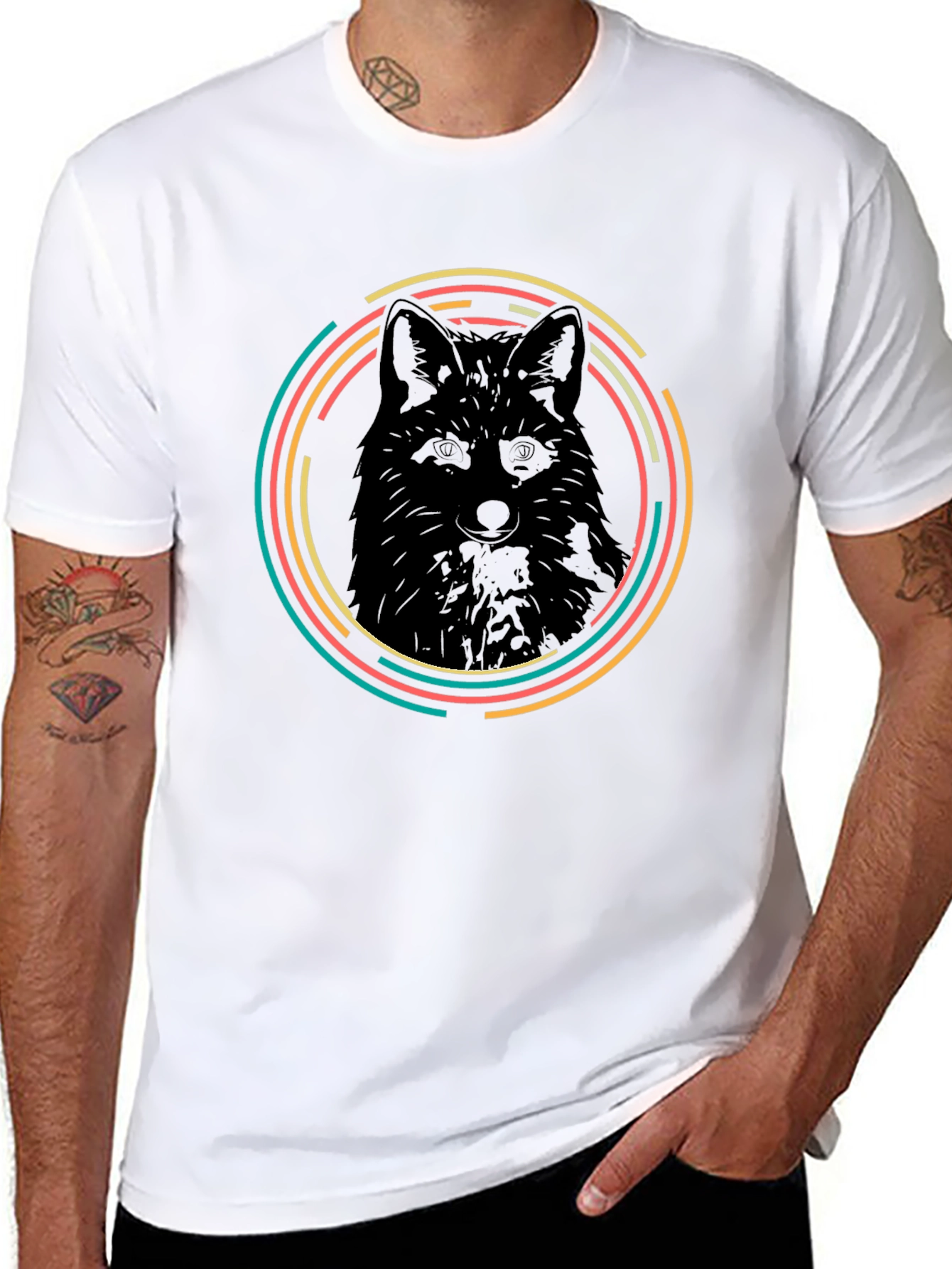 Black Fox Graphic Tee - Retro Animal Circle Design