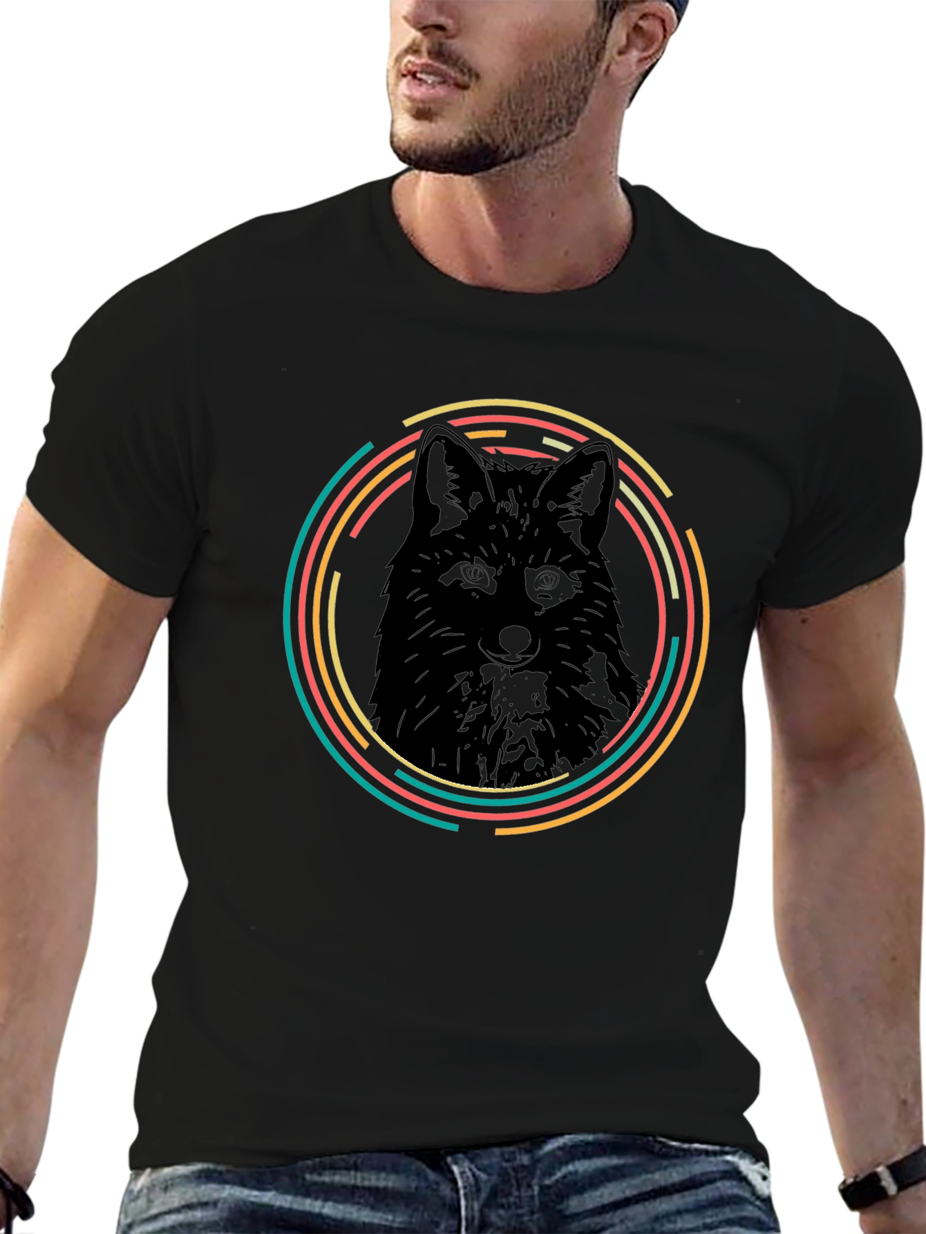 Black Fox Graphic Tee - Retro Animal Circle Design
