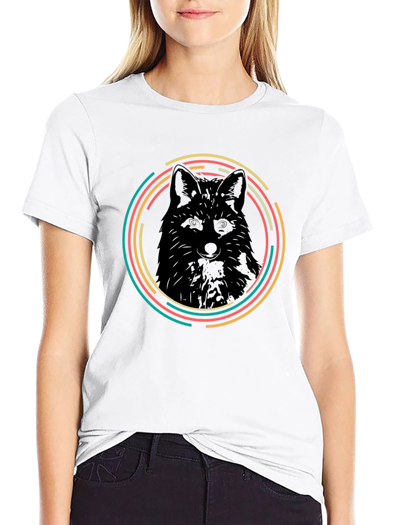Black Fox Graphic Tee - Retro Animal Circle Design