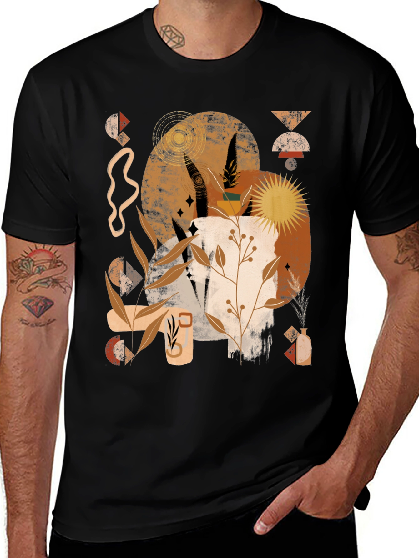 Abstract Earth Tone Graphic Print Black Tee