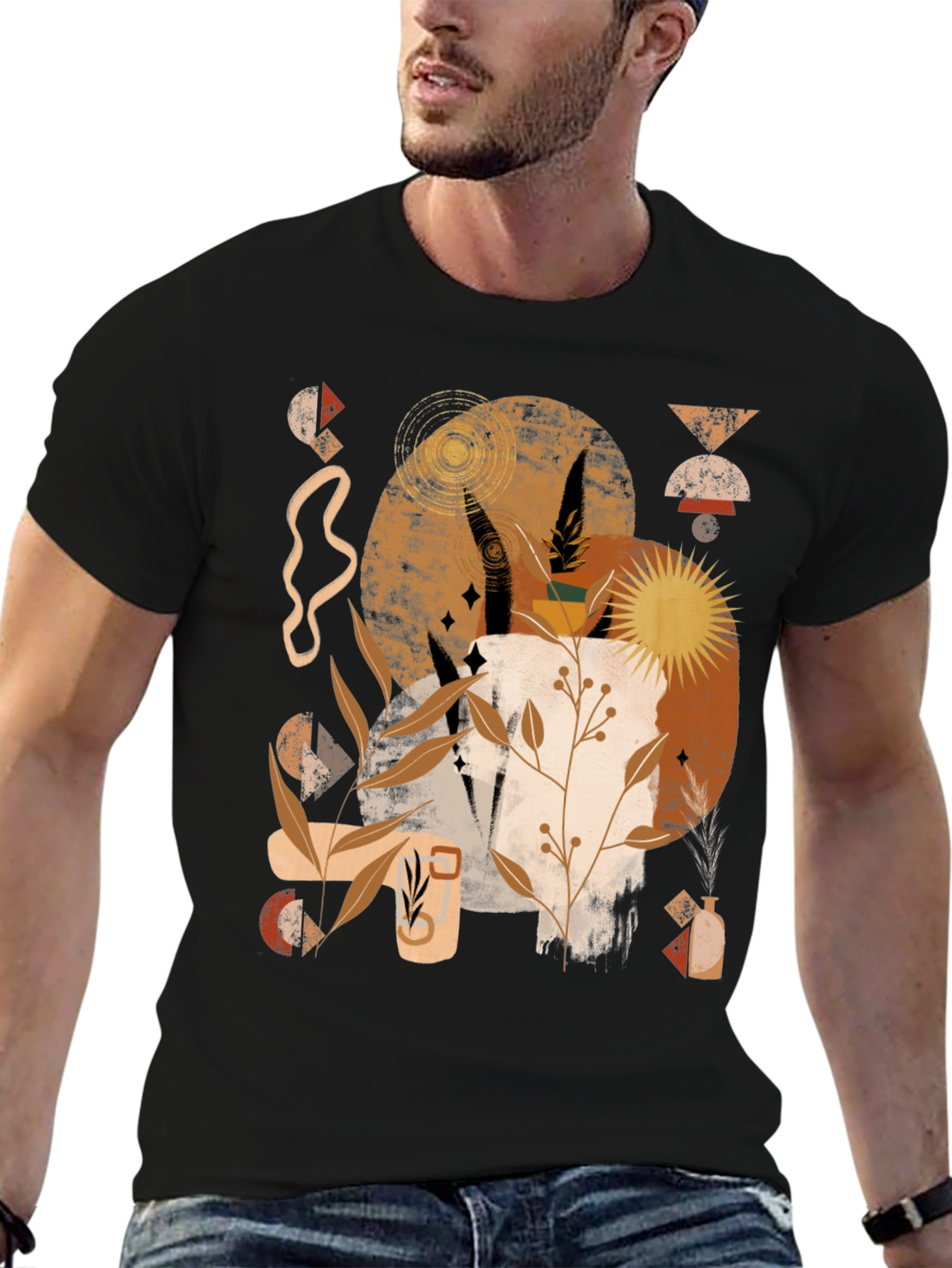 Abstract Earth Tone Graphic Print Black Tee
