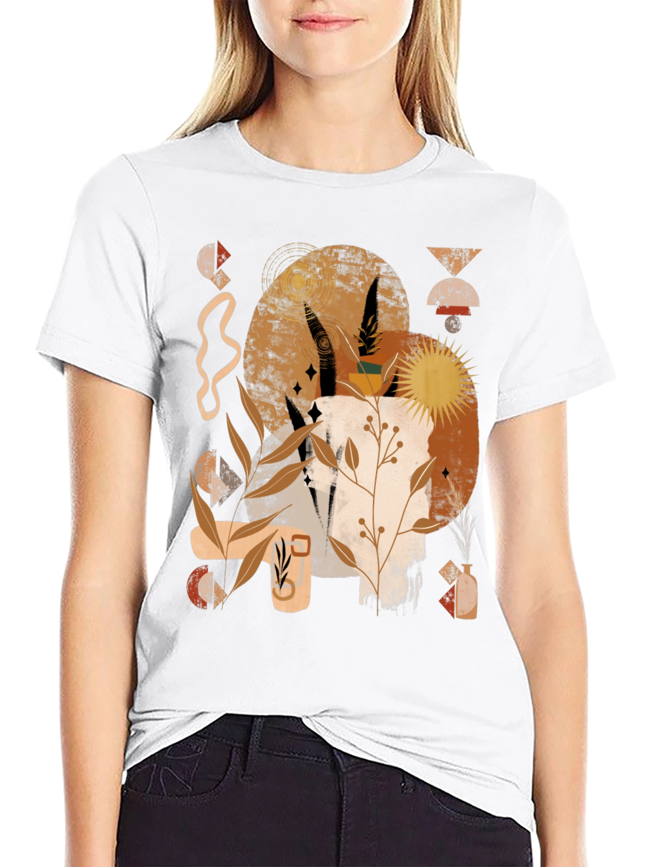 Abstract Earth Tone Graphic Print Black Tee