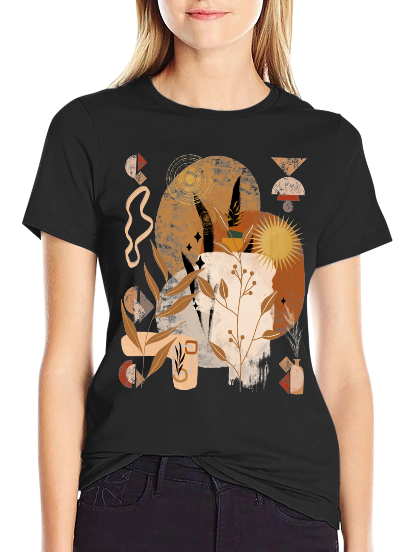 Abstract Earth Tone Graphic Print Black Tee