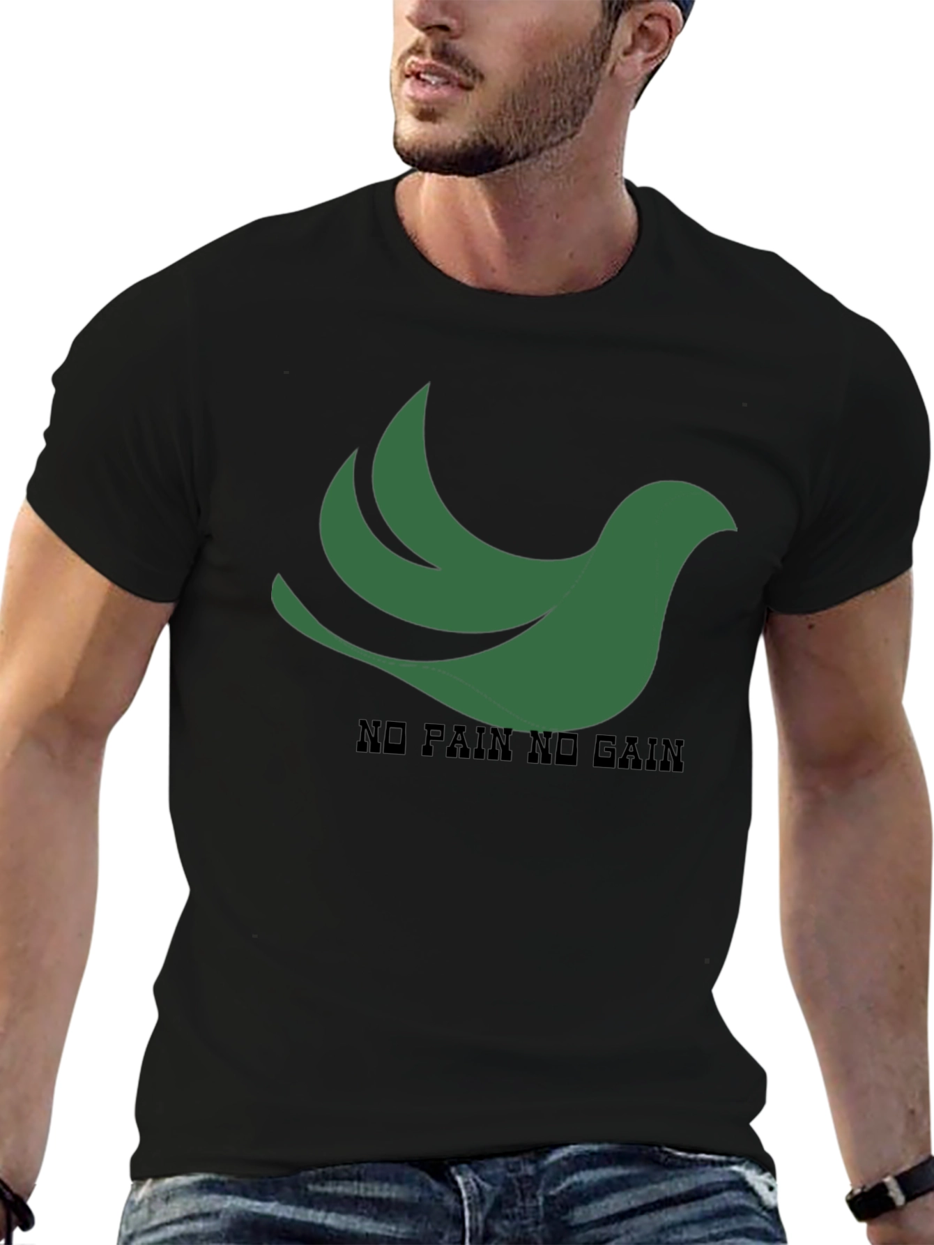 Black T-Shirt: Green Bird No Pain No Gain Design