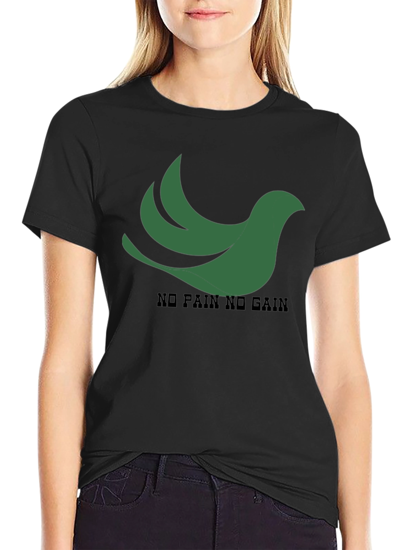 Black T-Shirt: Green Bird No Pain No Gain Design