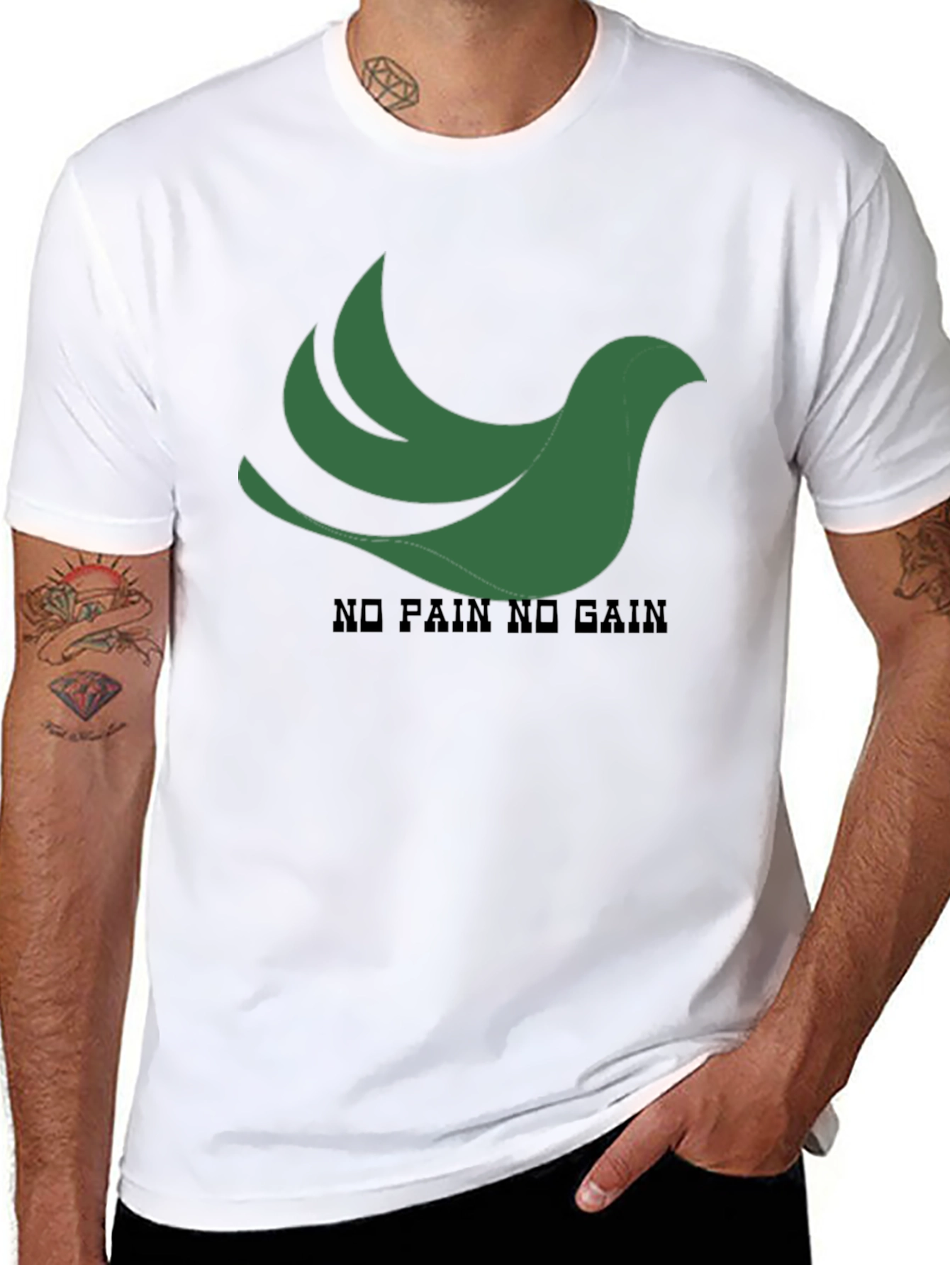 Black T-Shirt: Green Bird No Pain No Gain Design