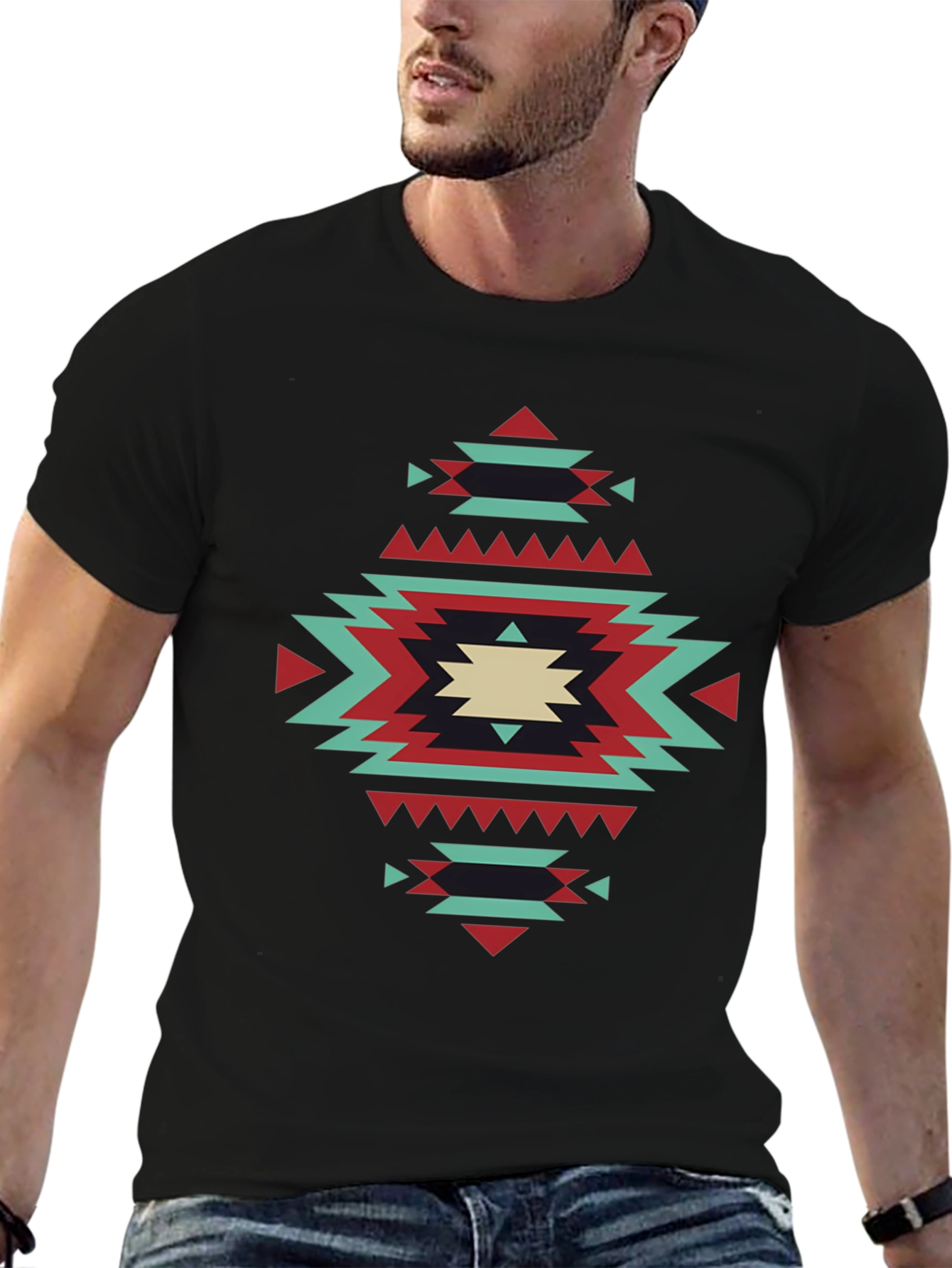 Geometric Aztec Pattern Tee - Black Short Sleeve