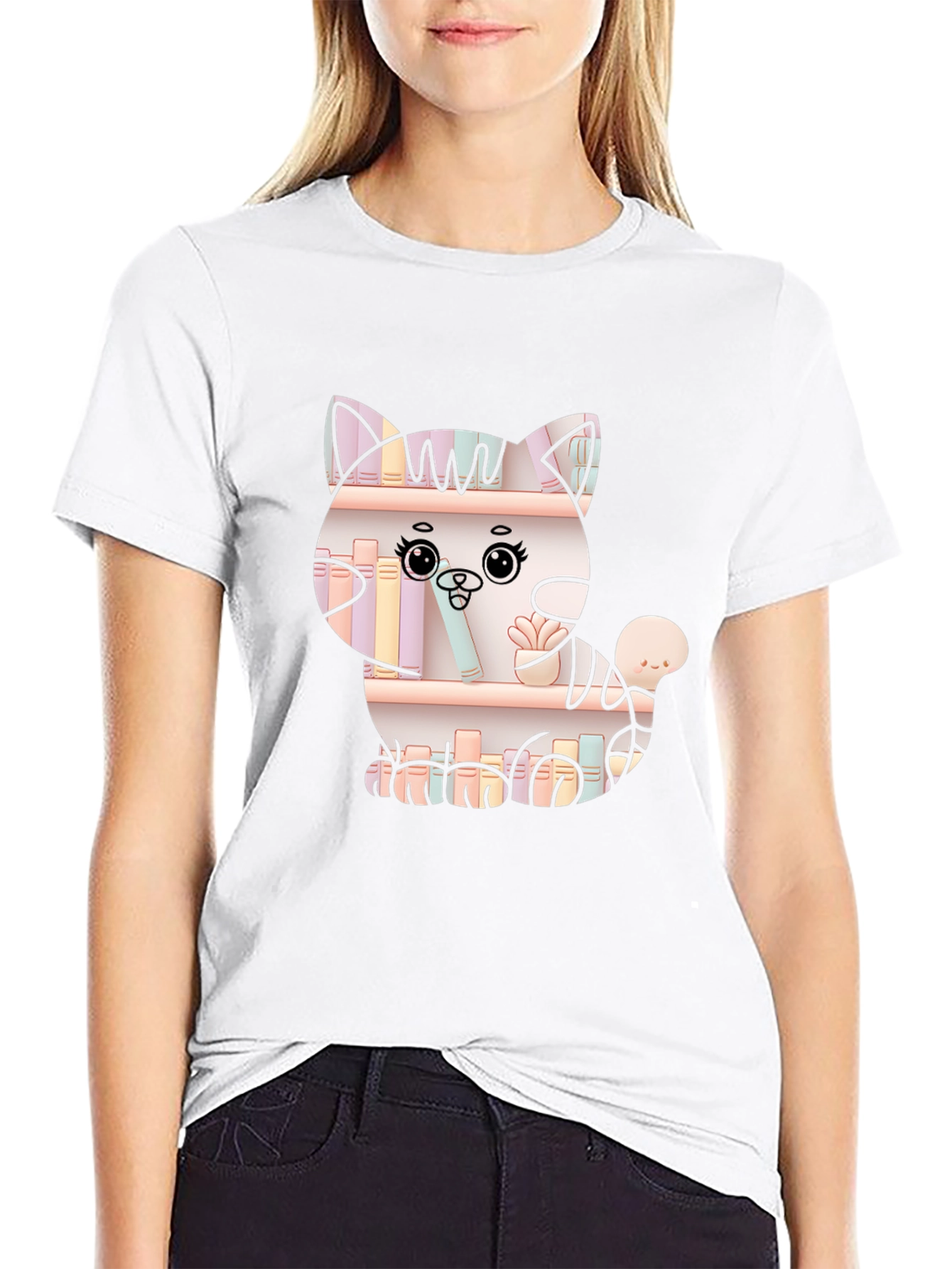 Cat on Bookshelf Graphic T-Shirt