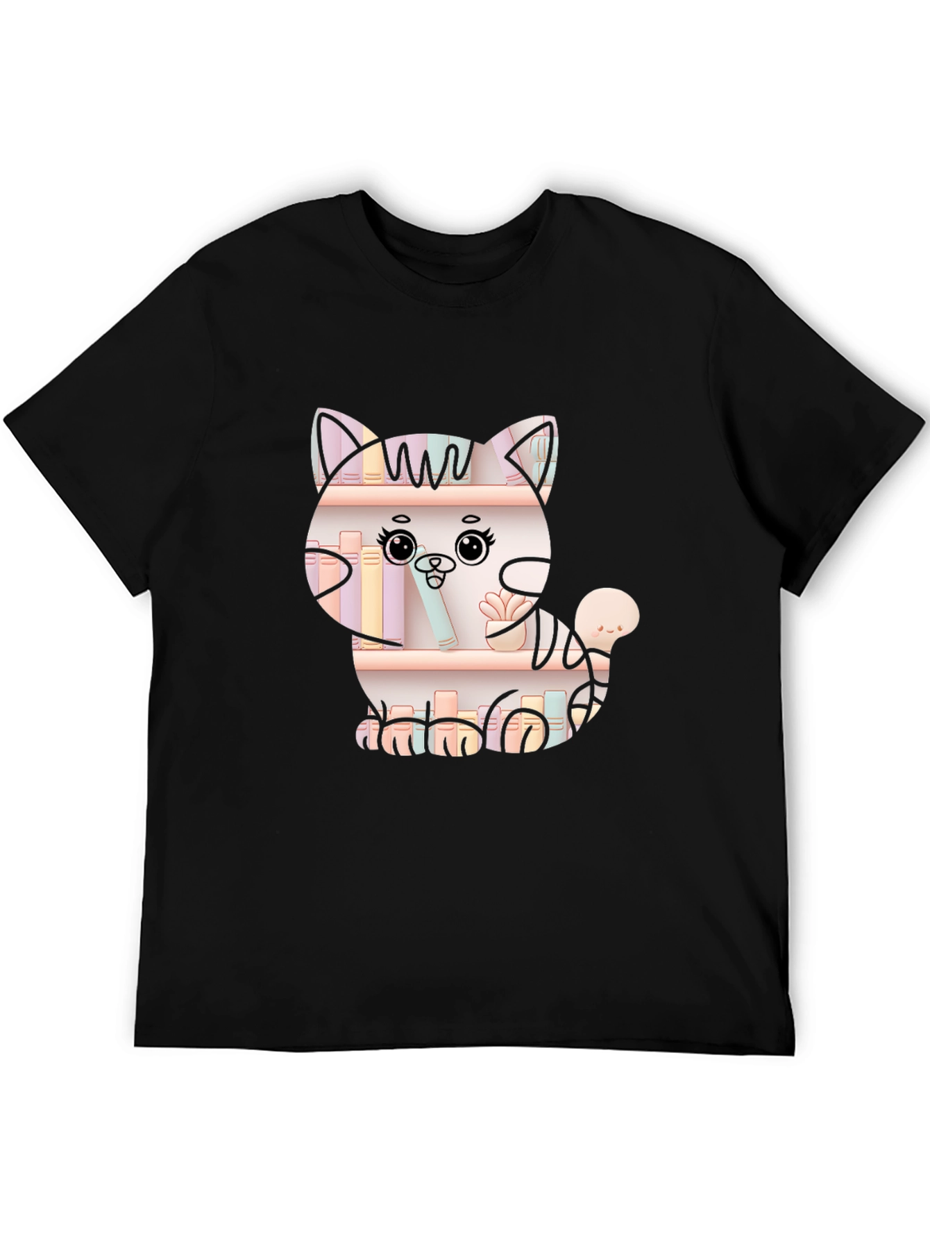 Cat on Bookshelf Graphic T-Shirt