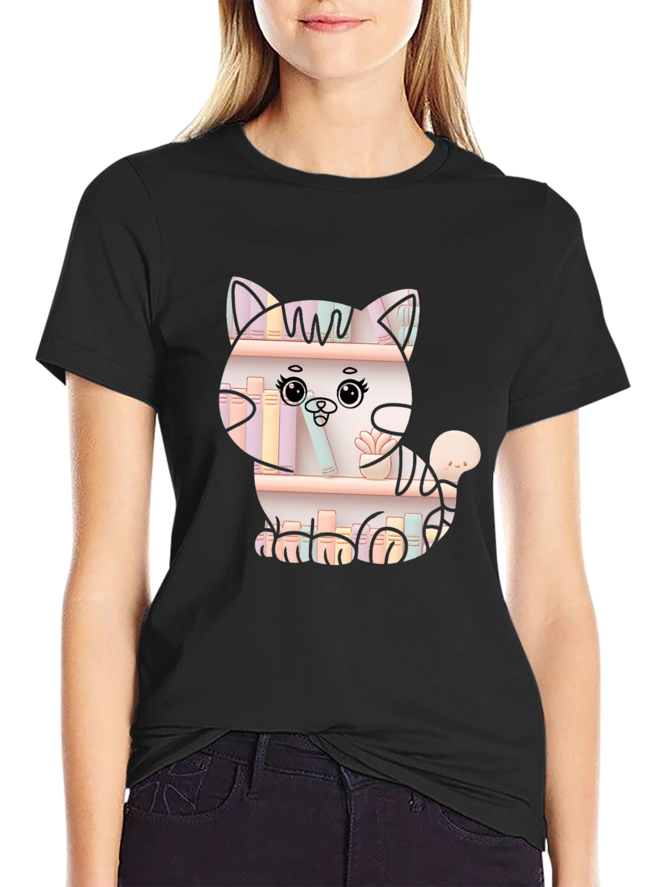 Cat on Bookshelf Graphic T-Shirt