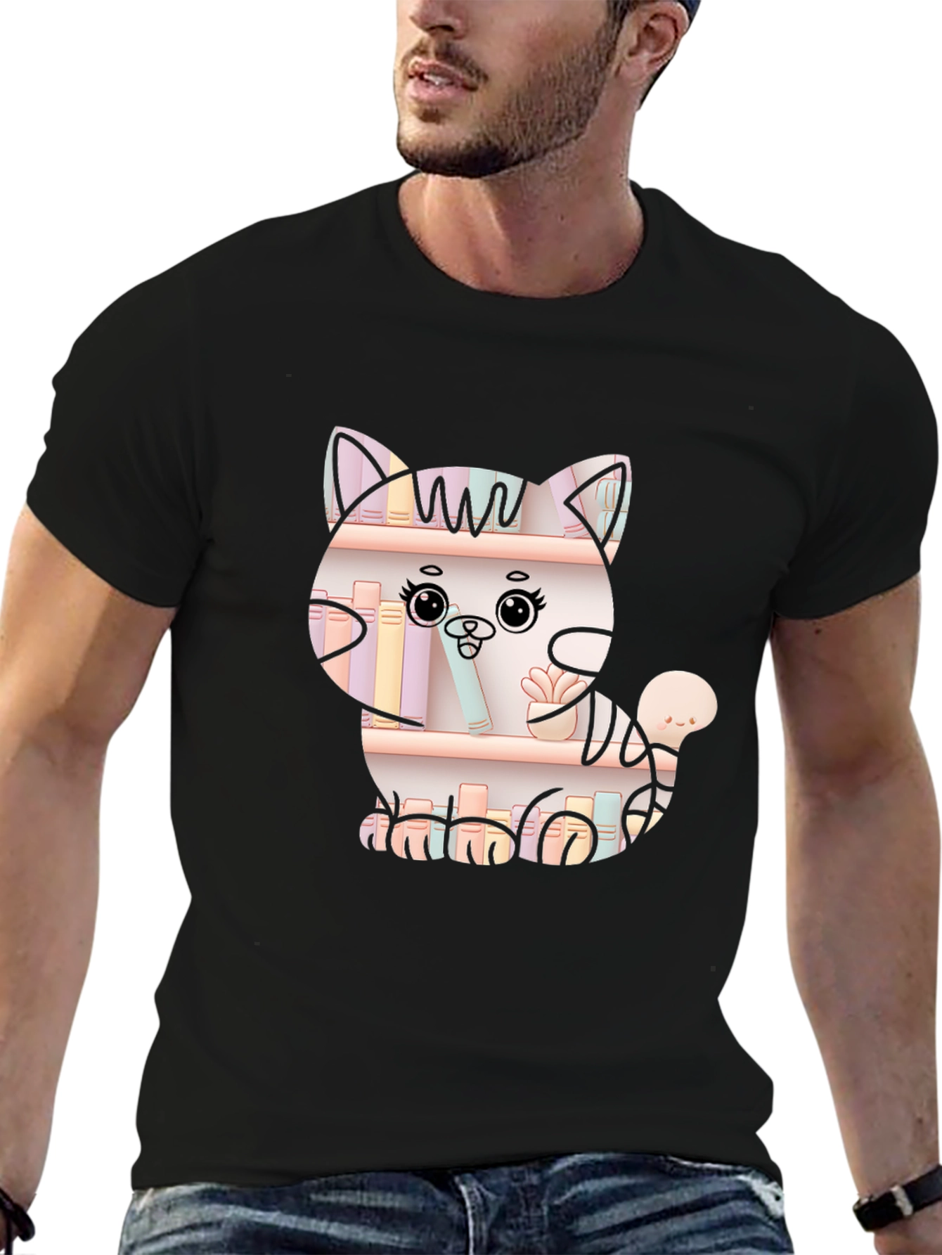 Cat on Bookshelf Graphic T-Shirt