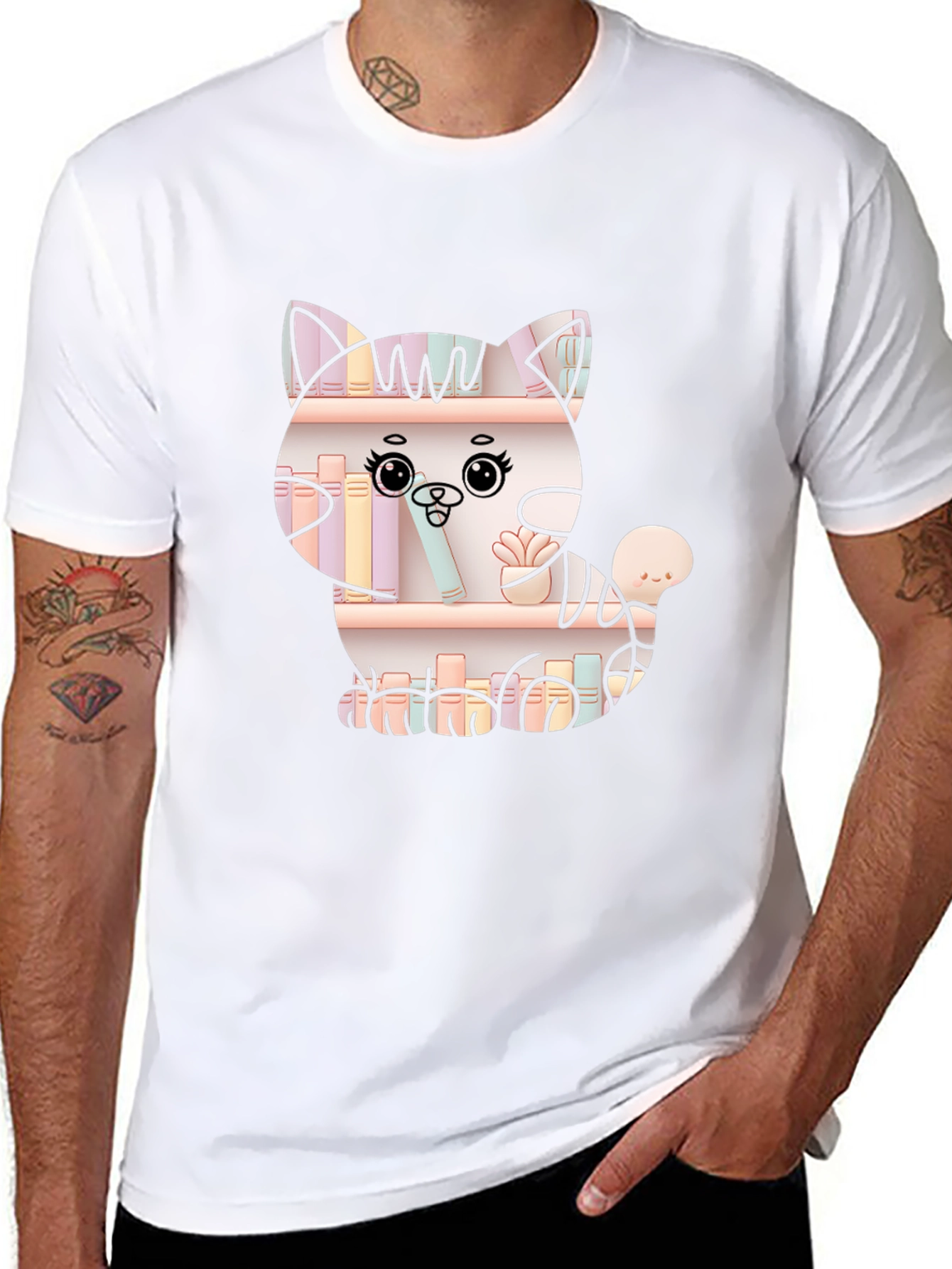 Cat on Bookshelf Graphic T-Shirt