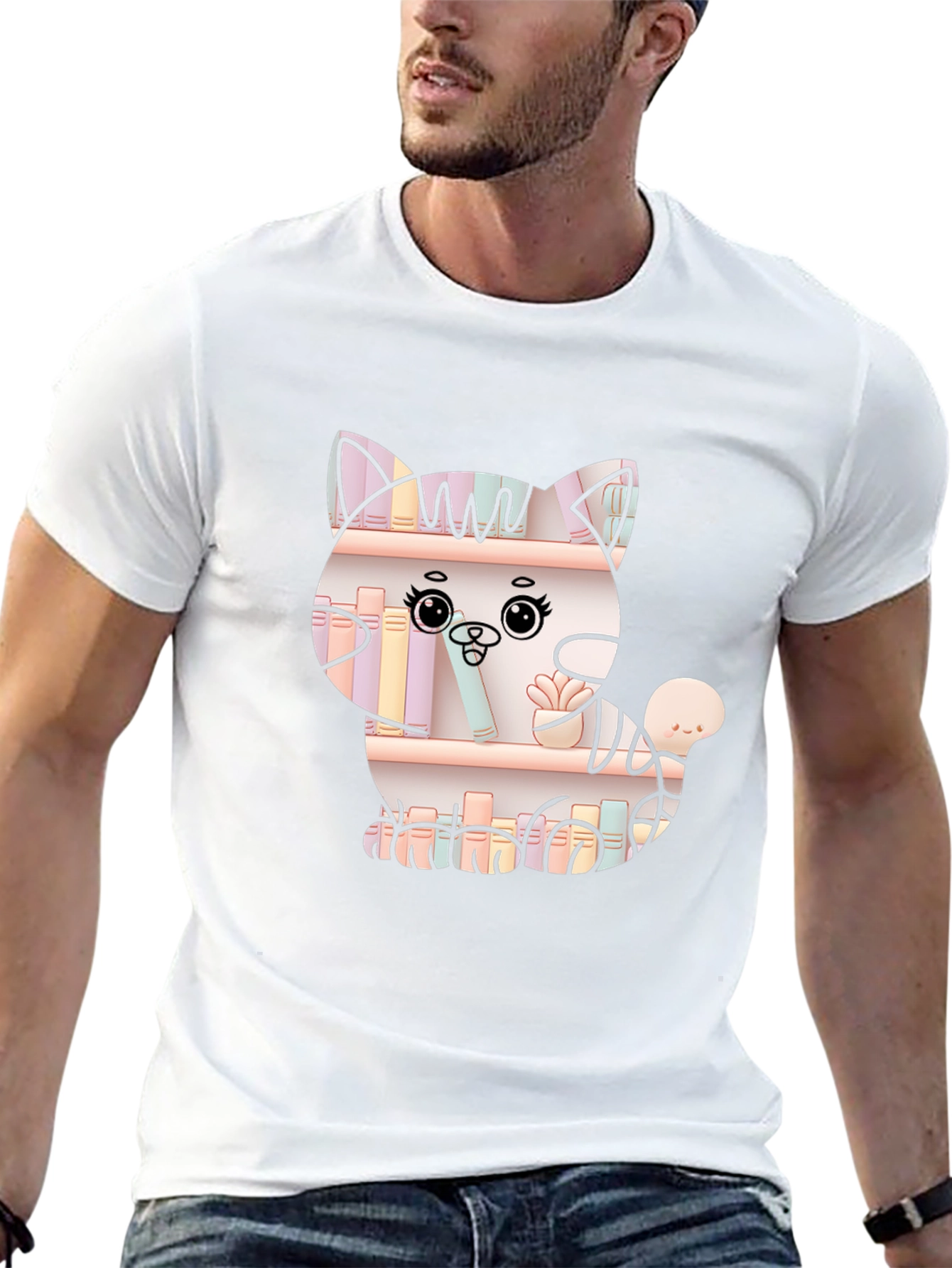 Cat on Bookshelf Graphic T-Shirt