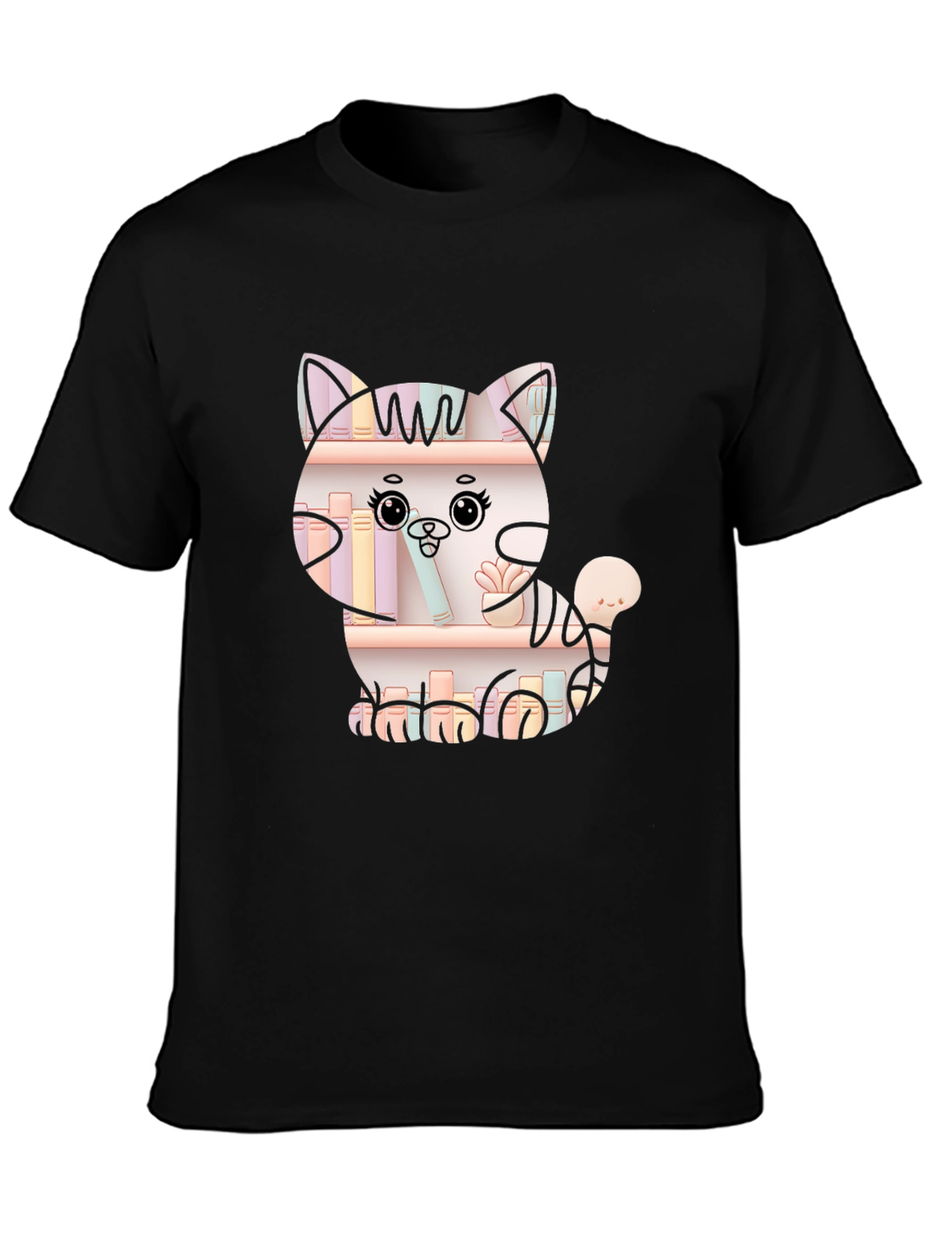 Cat on Bookshelf Graphic T-Shirt
