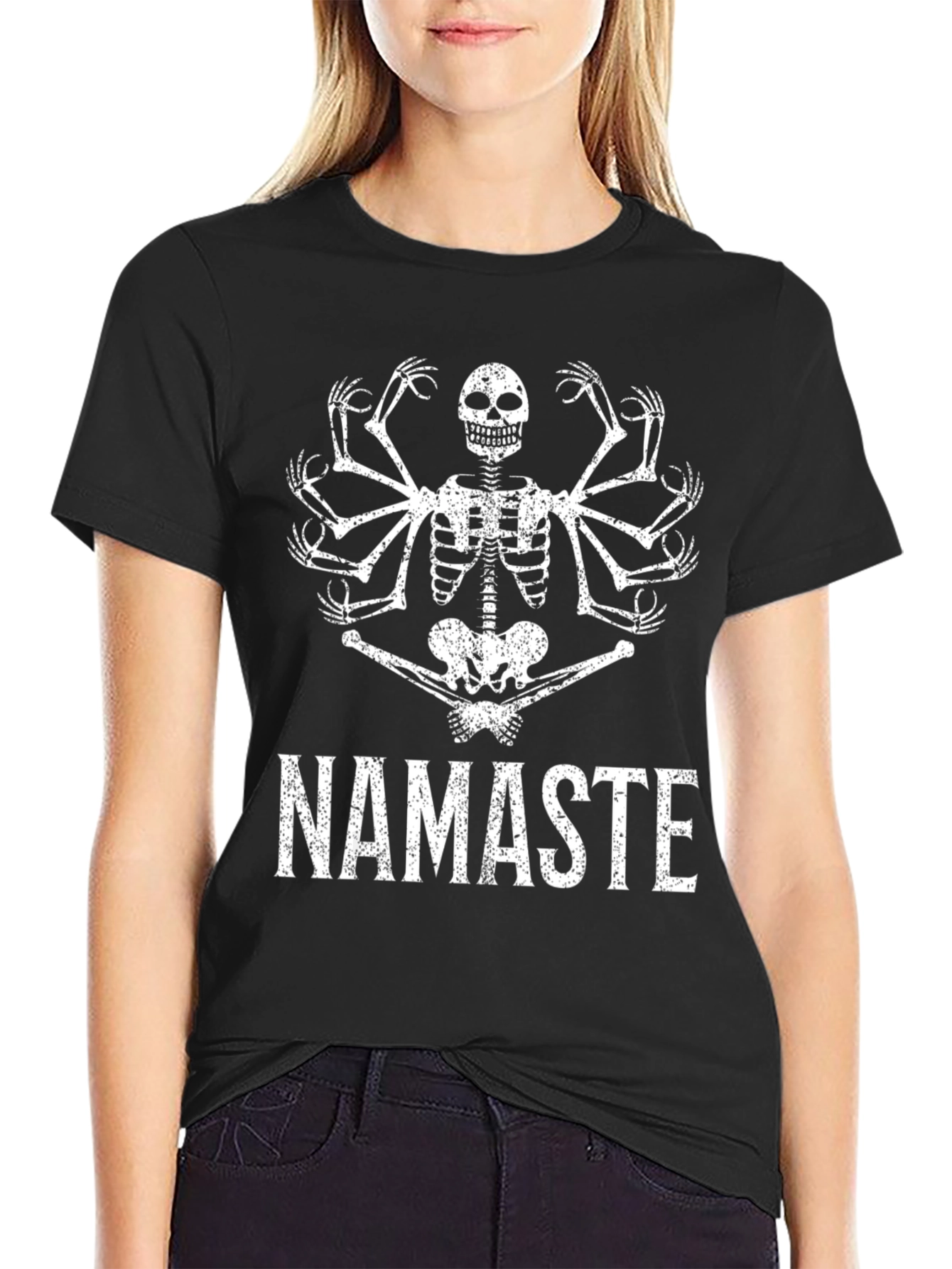 Namaste Skeleton Graphic Tee - Black Cotton T-Shirt