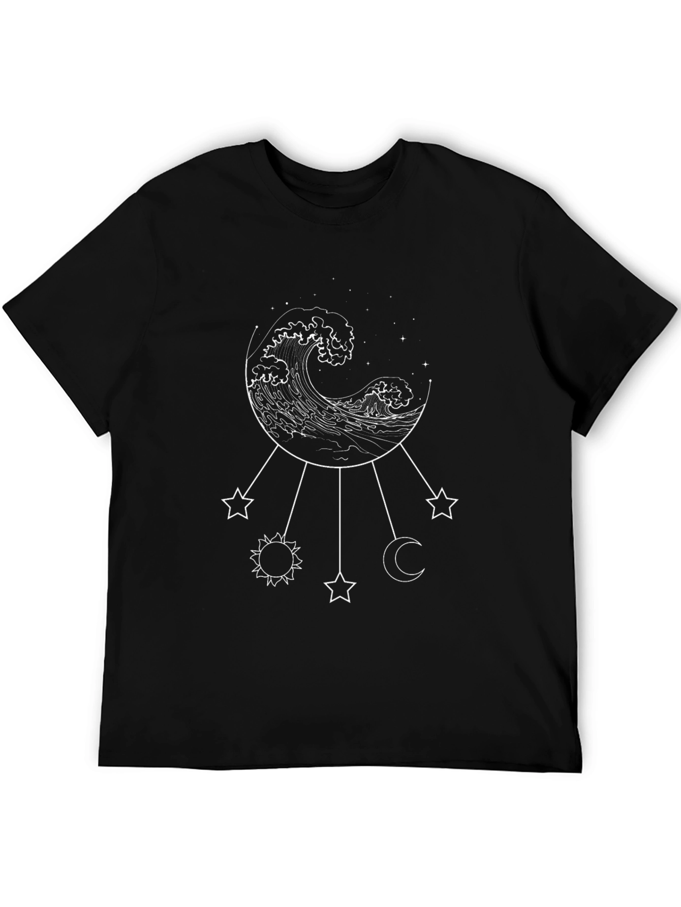 Ocean Wave & Celestial Charm T-Shirt - Black