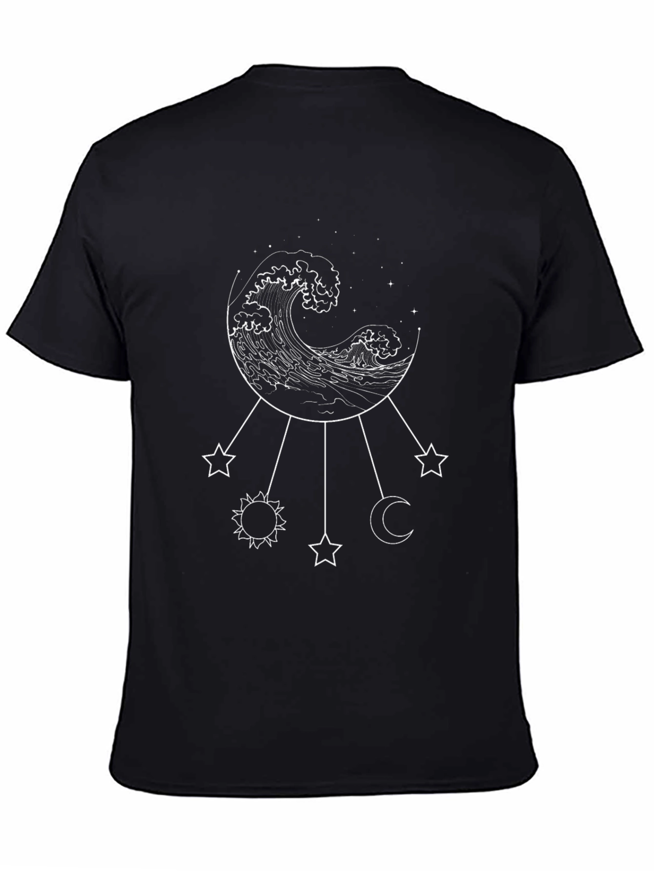 Ocean Wave & Celestial Charm T-Shirt - Black