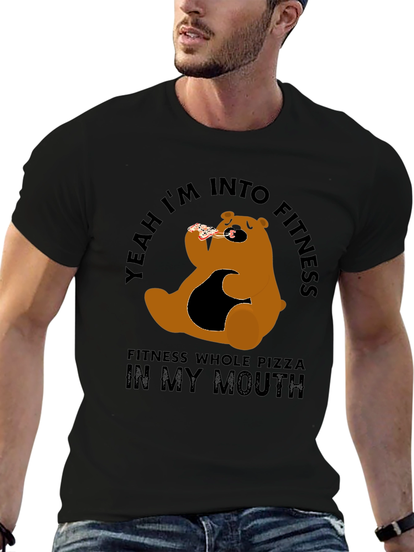 Funny Pizza Bear Fitness T-Shirt - Casual Graphic Tee