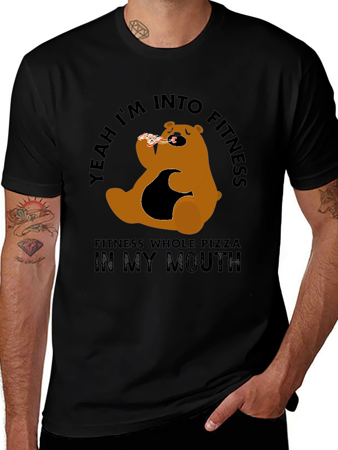 Funny Pizza Bear Fitness T-Shirt - Casual Graphic Tee