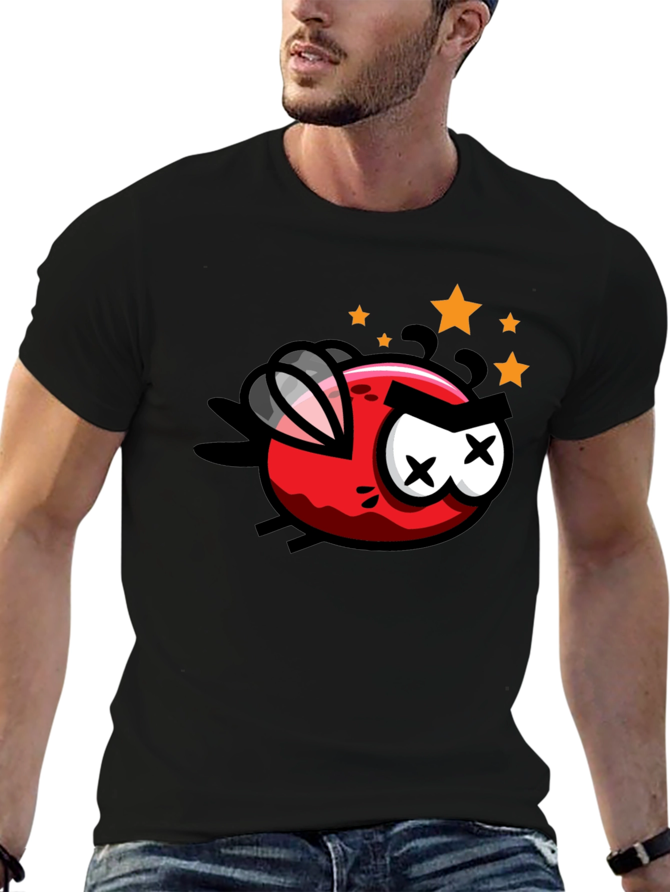 Cartoon Angry Fly Graphic Tee - Black Cotton