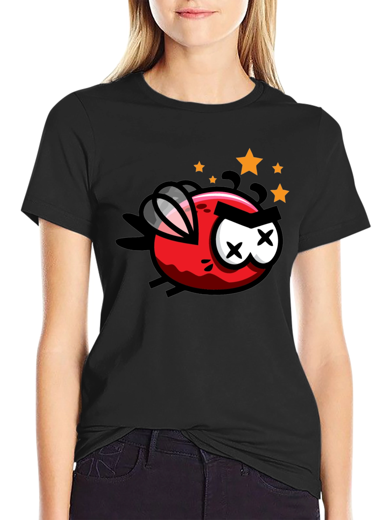 Cartoon Angry Fly Graphic Tee - Black Cotton