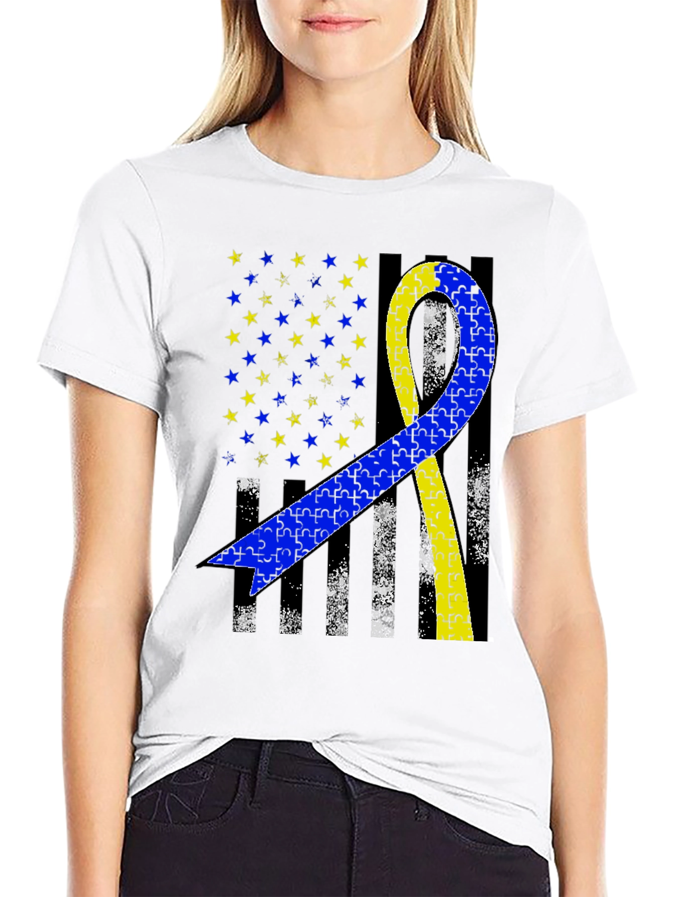 Down Syndrome Awareness T-Shirt - Puzzle Ribbon USA Flag