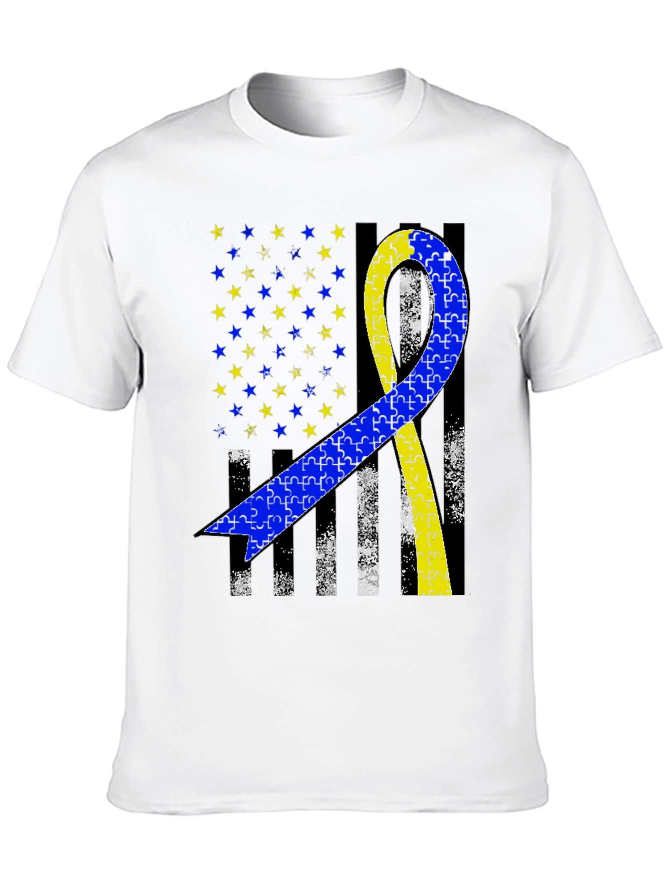 Down Syndrome Awareness T-Shirt - Puzzle Ribbon USA Flag