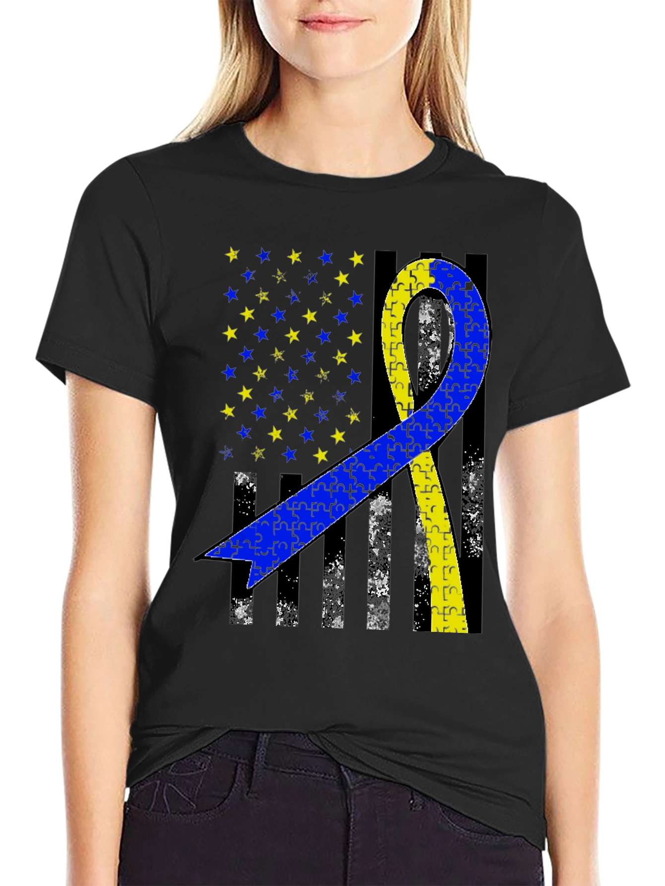 Down Syndrome Awareness T-Shirt - Puzzle Ribbon USA Flag