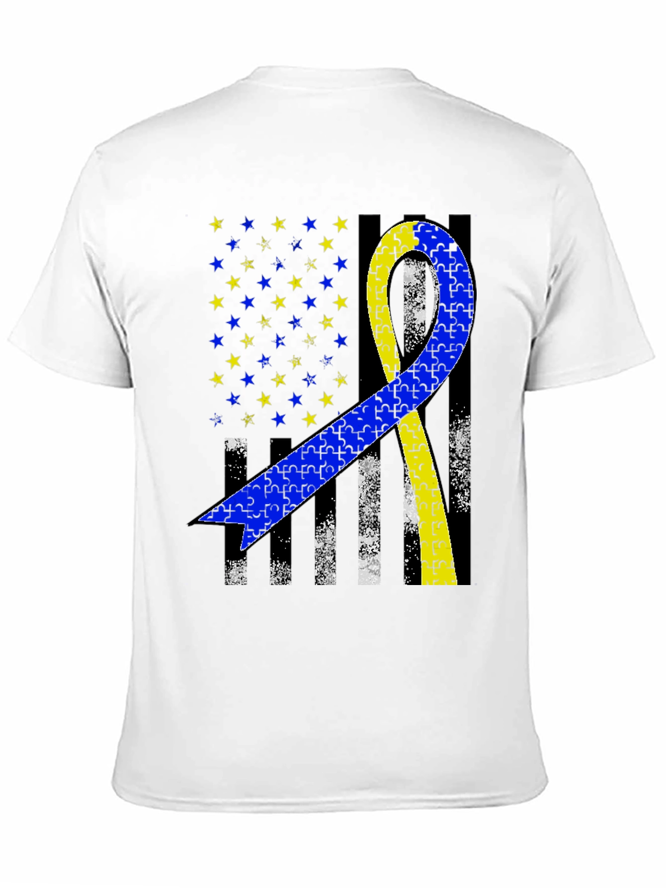 Down Syndrome Awareness T-Shirt - Puzzle Ribbon USA Flag