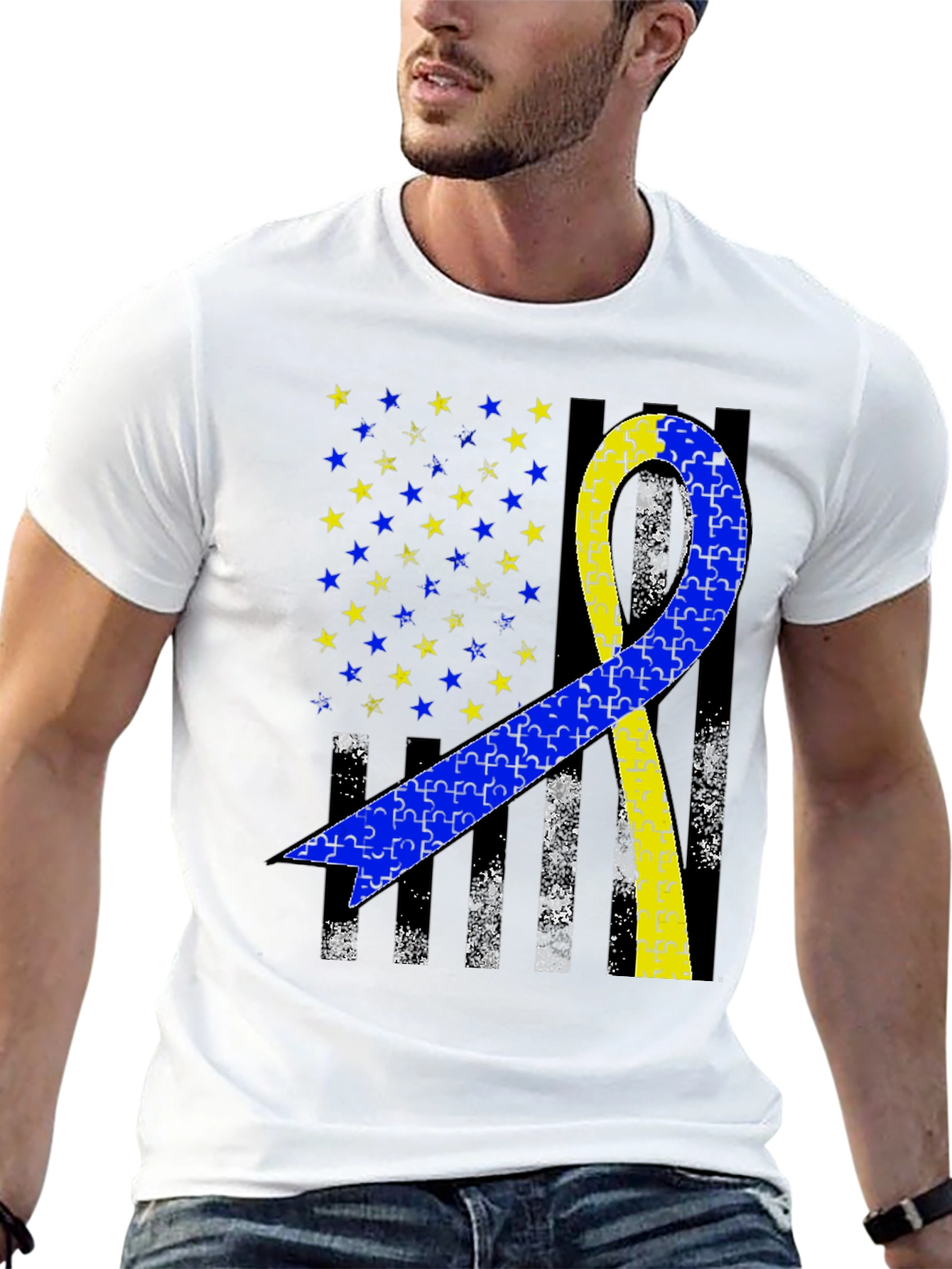 Down Syndrome Awareness T-Shirt - Puzzle Ribbon USA Flag