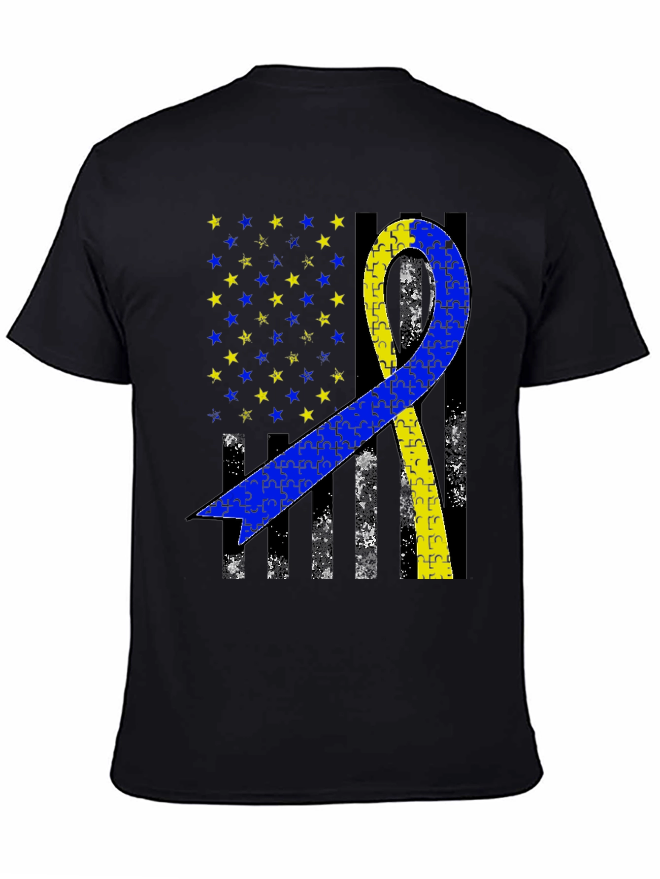 Down Syndrome Awareness T-Shirt - Puzzle Ribbon USA Flag