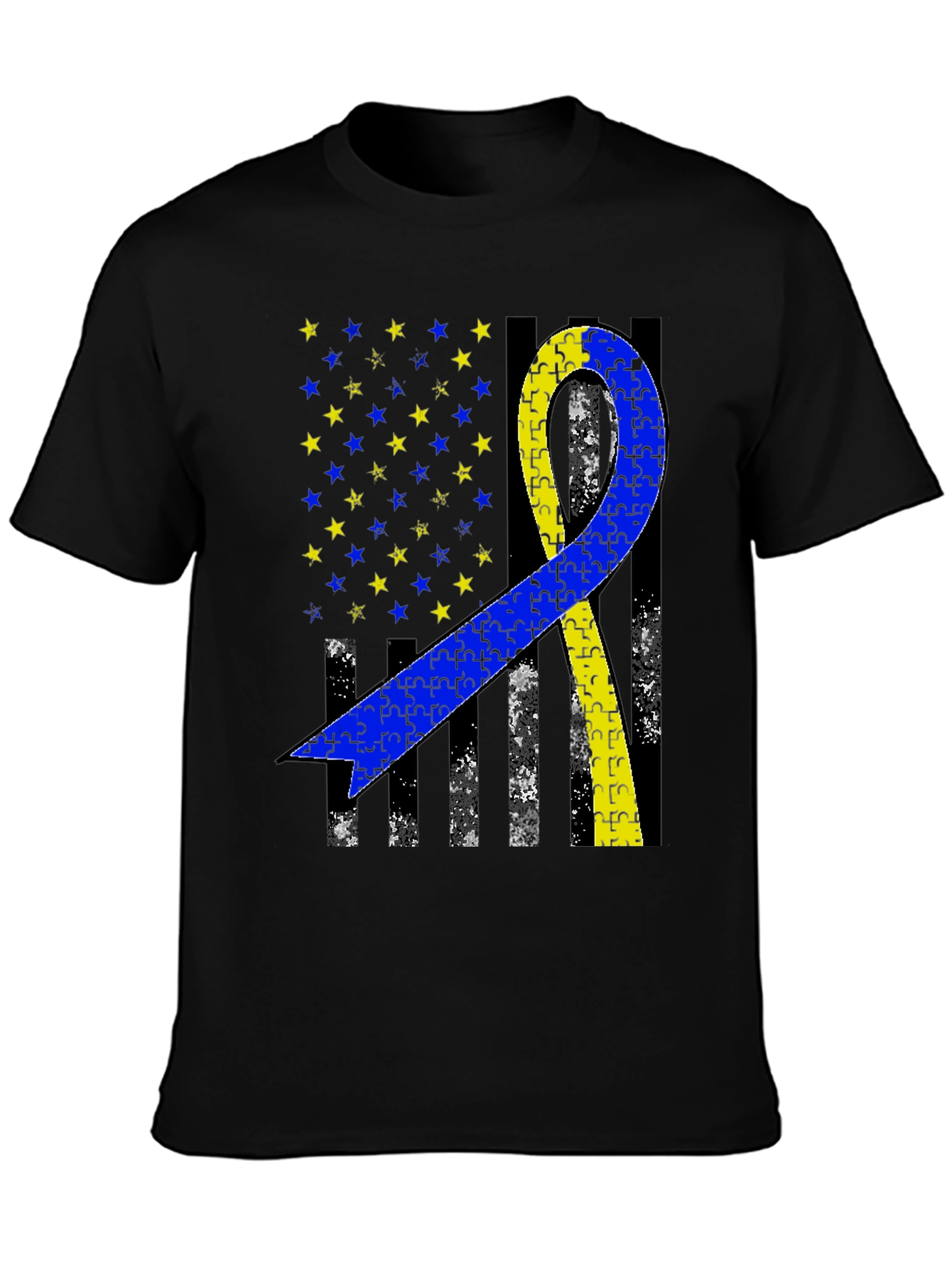 Down Syndrome Awareness T-Shirt - Puzzle Ribbon USA Flag