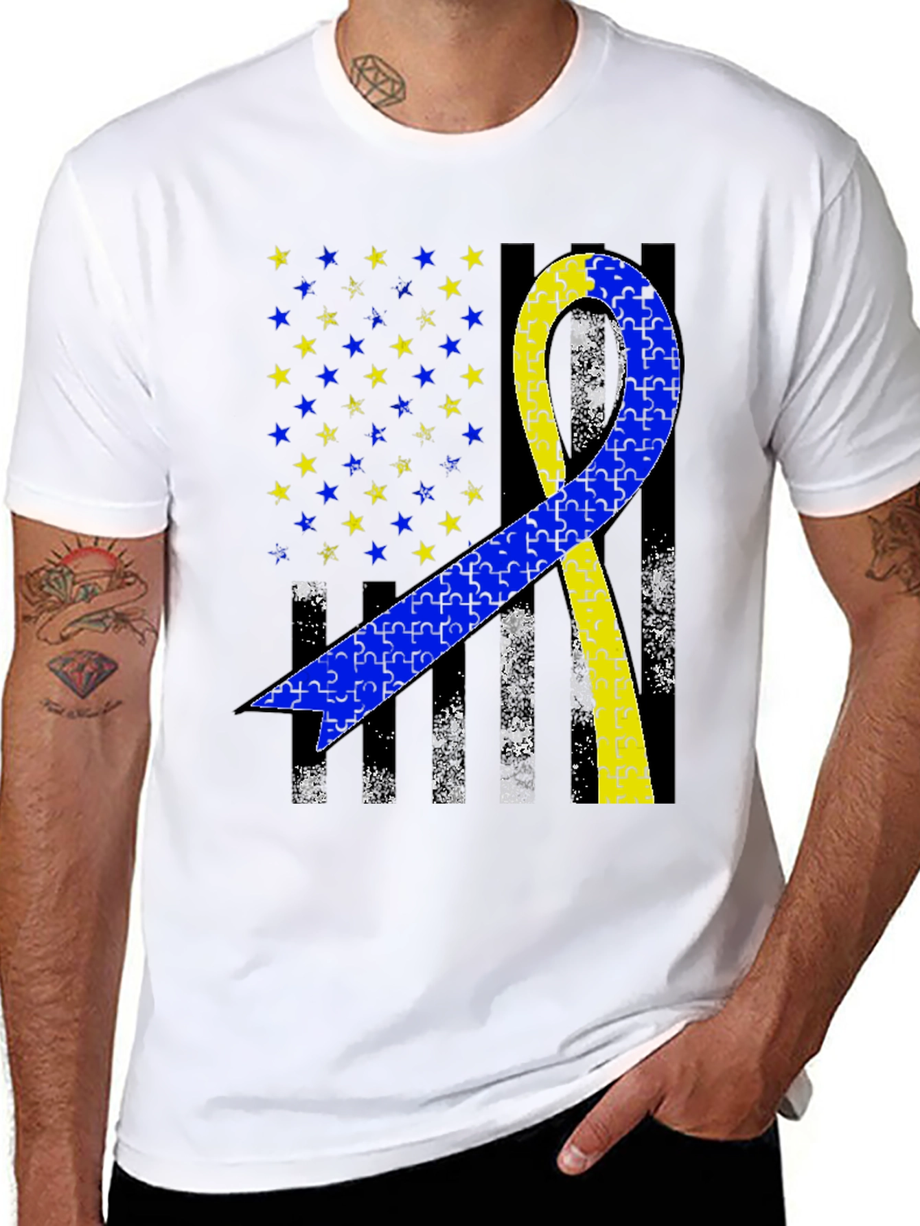 Down Syndrome Awareness T-Shirt - Puzzle Ribbon USA Flag