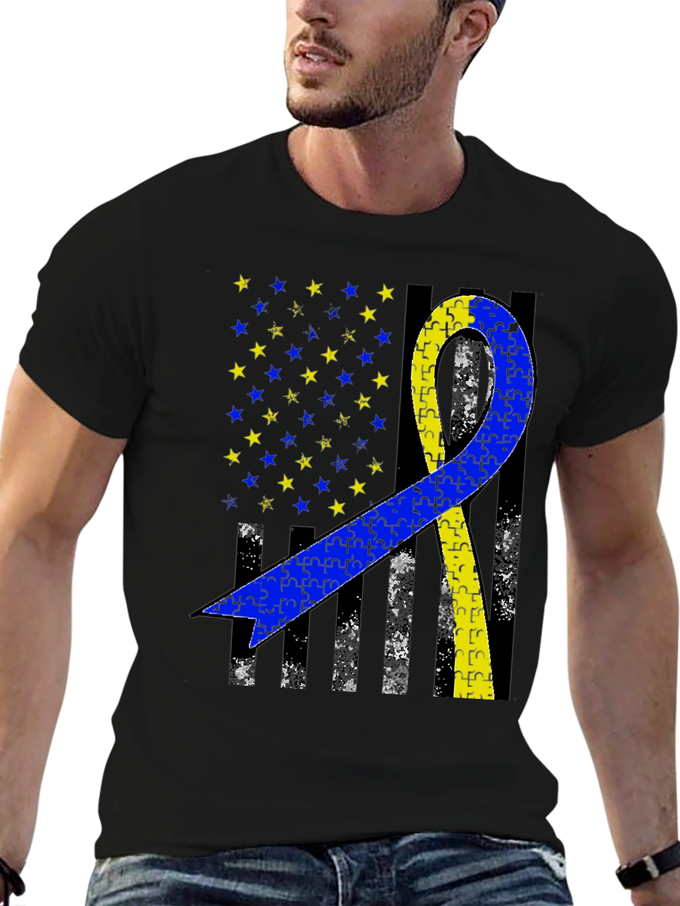 Down Syndrome Awareness T-Shirt - Puzzle Ribbon USA Flag
