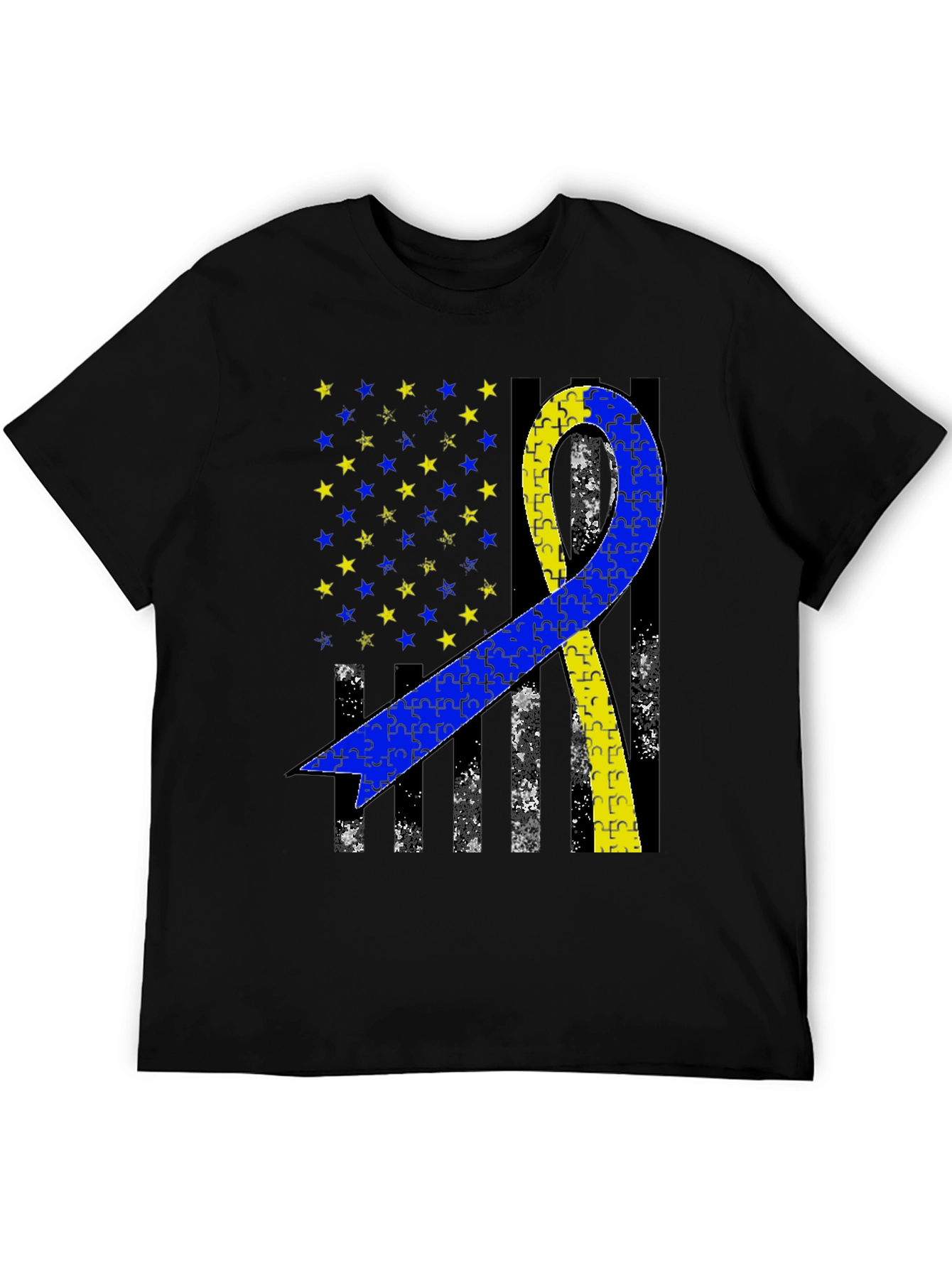 Down Syndrome Awareness T-Shirt - Puzzle Ribbon USA Flag