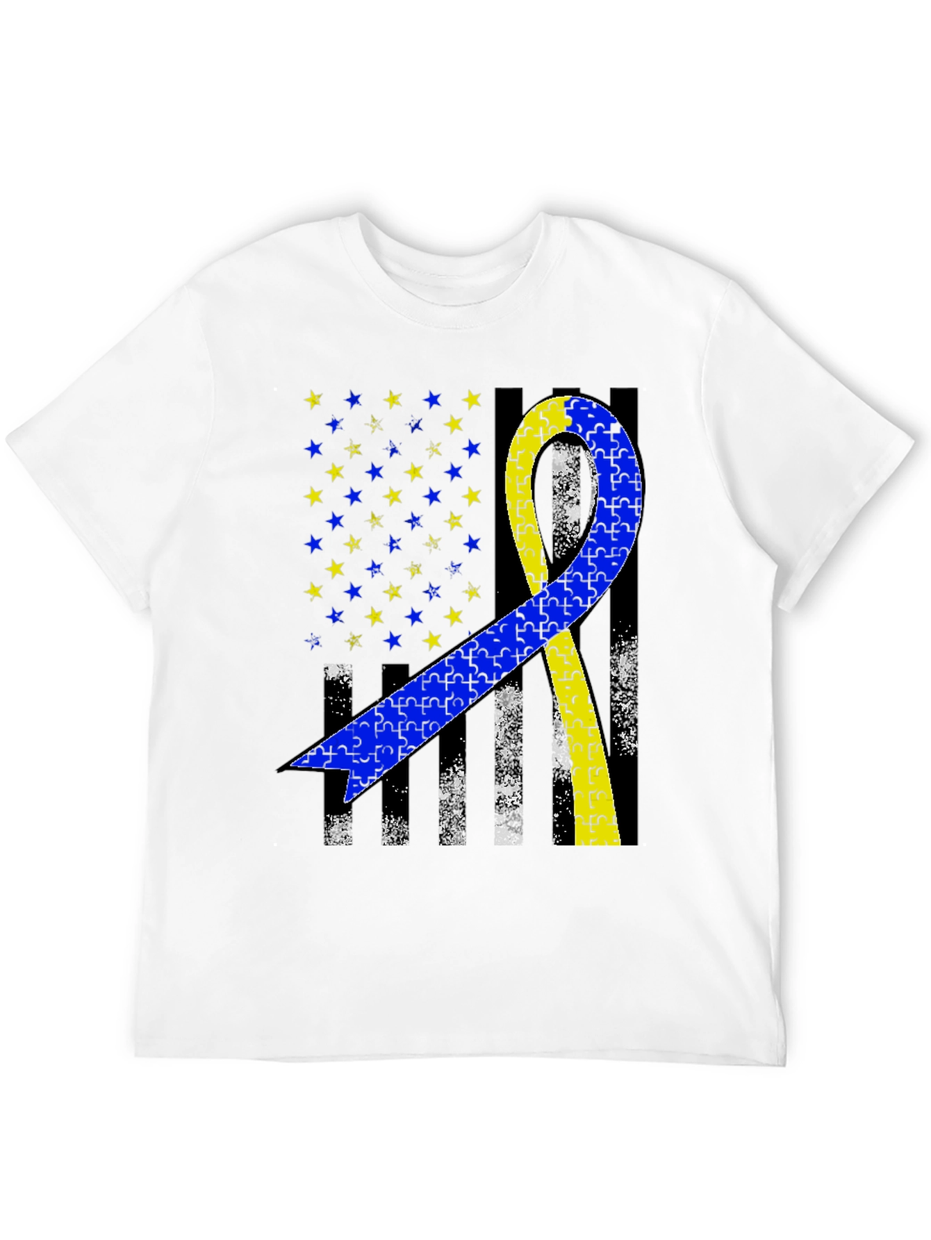 Down Syndrome Awareness T-Shirt - Puzzle Ribbon USA Flag