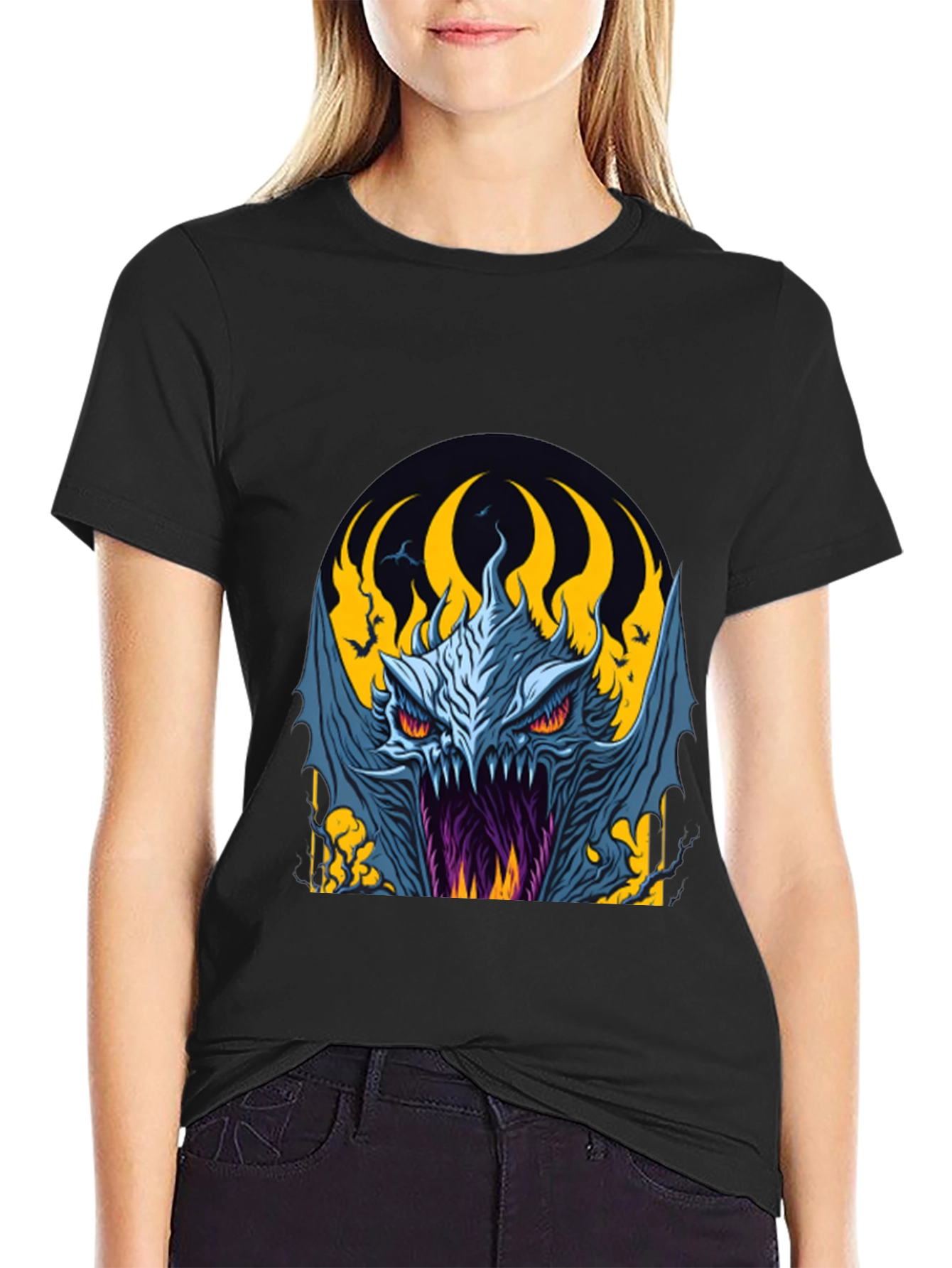 Fiery Monster Graphic Tee - Dark Fantasy Style