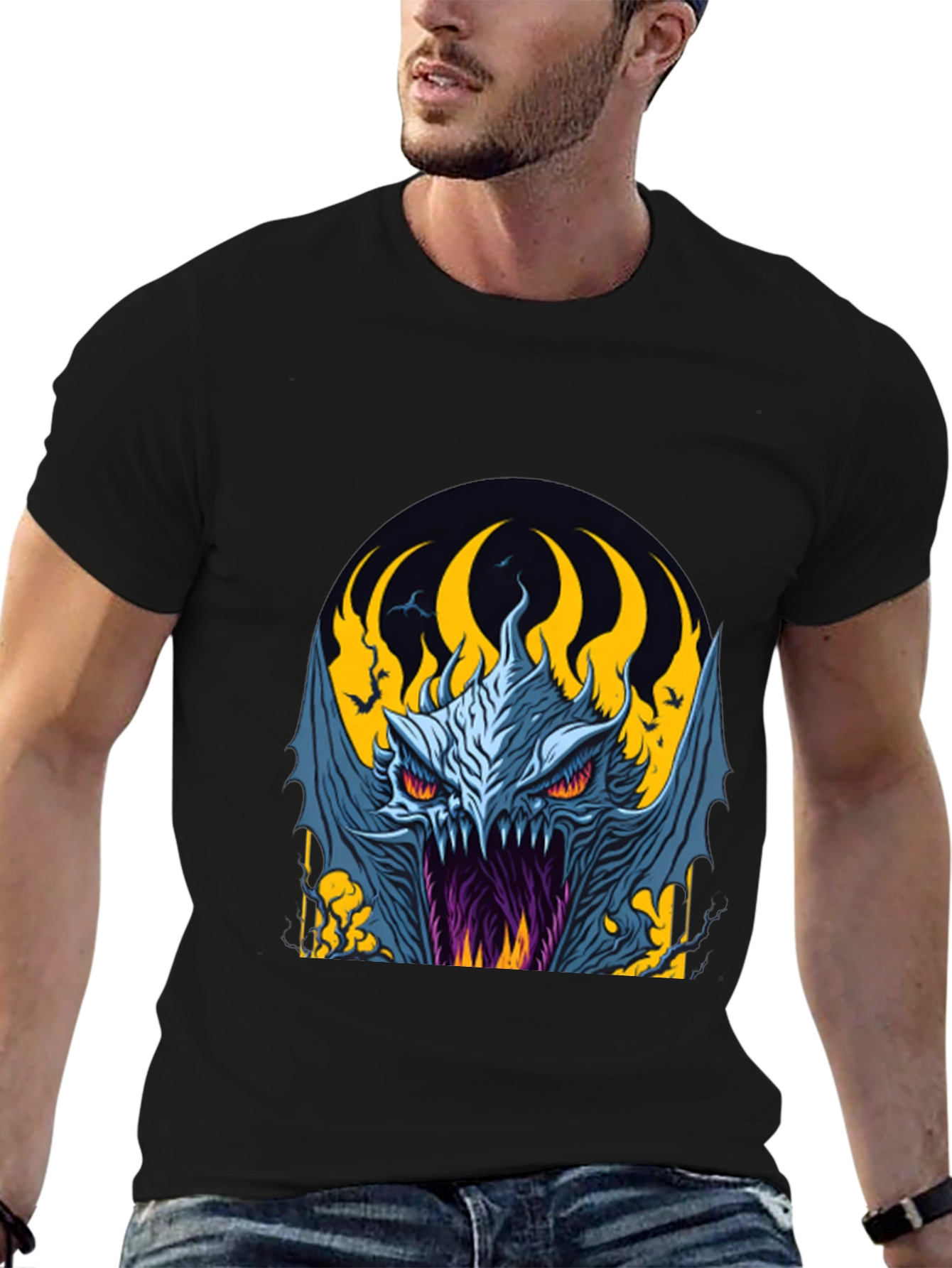 Fiery Monster Graphic Tee - Dark Fantasy Style