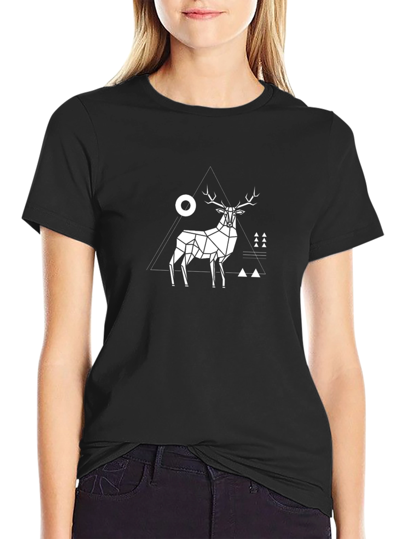 Geometric Deer Graphic Tee - Modern Black T-Shirt