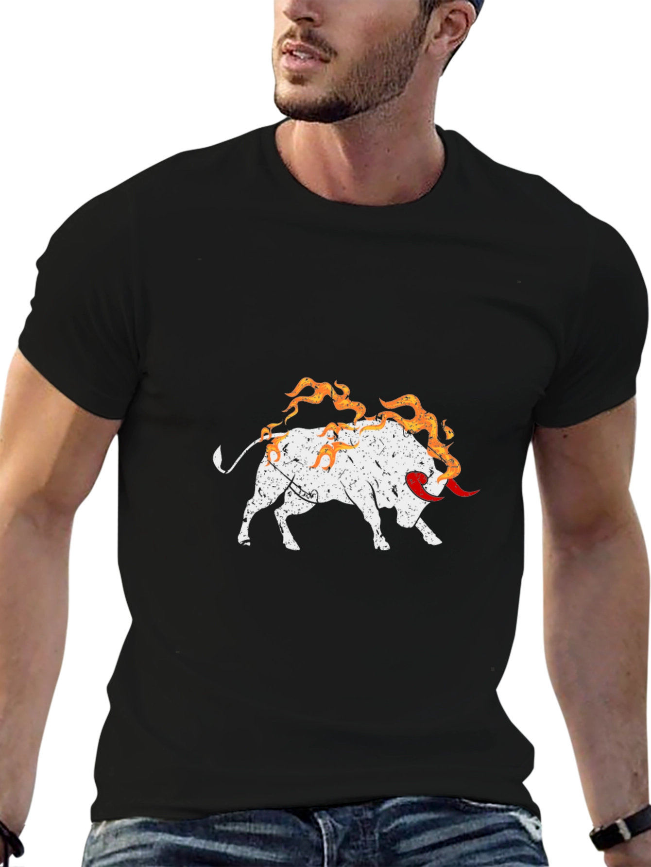 Fiery Bull Graphic Tee - Black Cotton Shirt